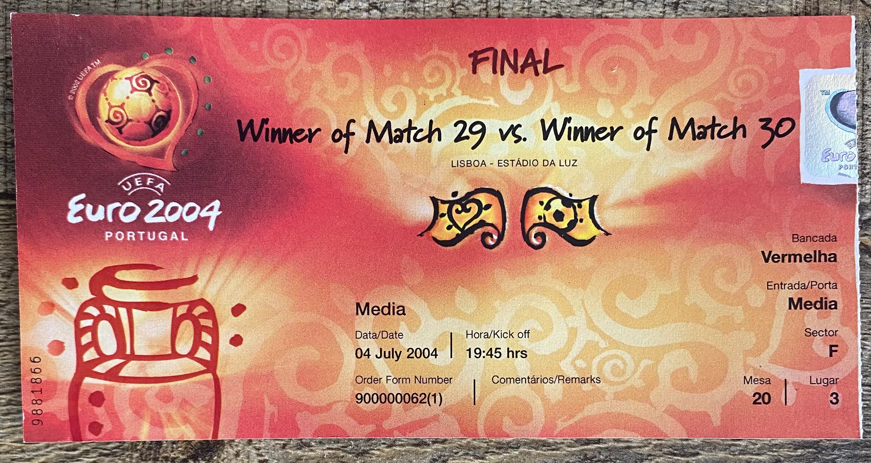 2004 ORIGINAL EUROPEAN CHAMPIONSHIPS FINAL TICKET GREECE V PORTUGAL @ LISBON