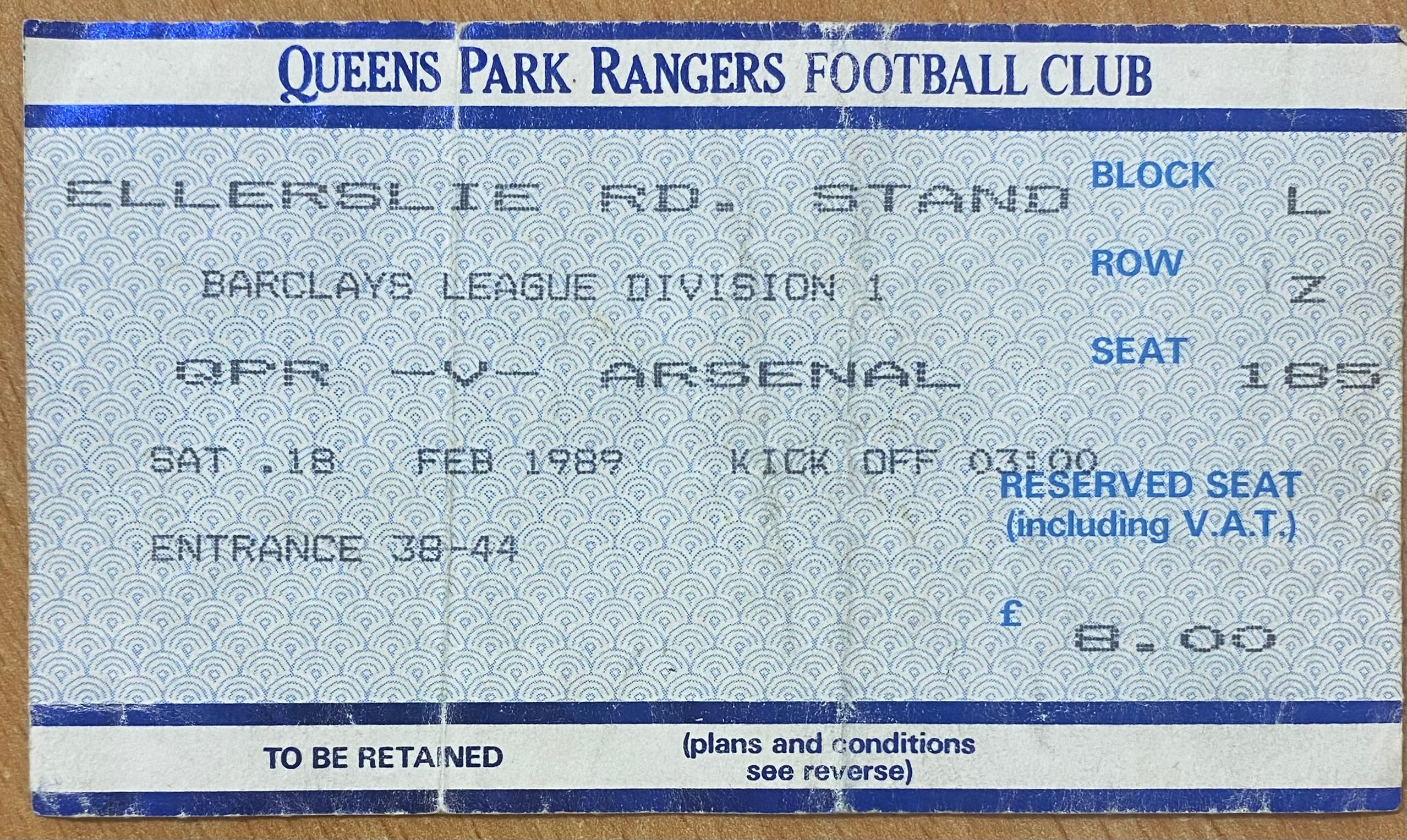 1988/89 ORIGINAL DIVISION ONE TICKET QUEENS PARK RANGERS V ARSENAL