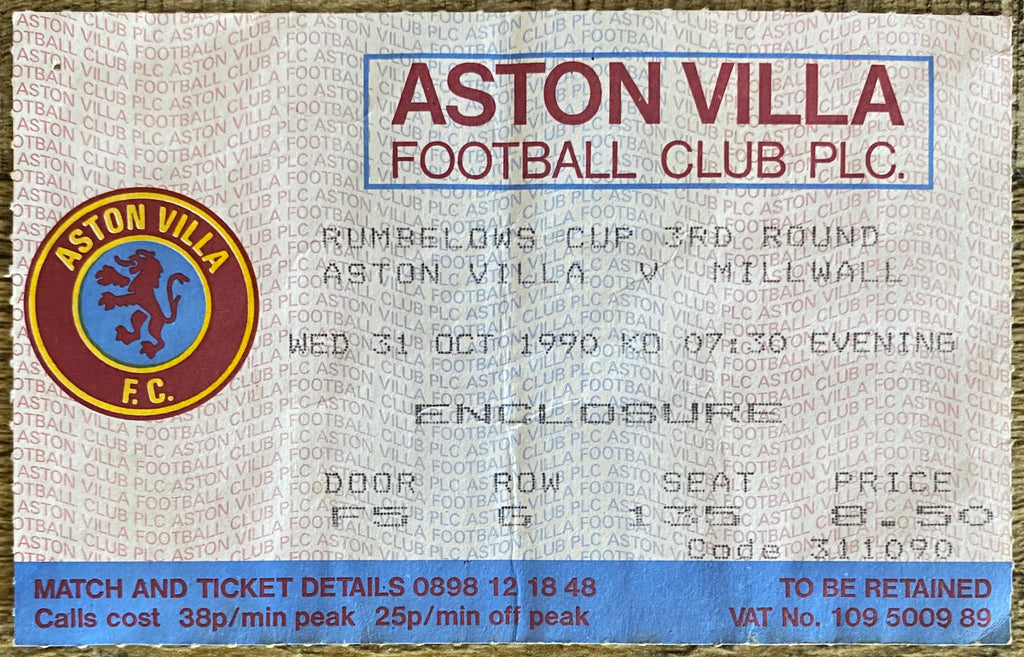 1990/91 ORIGINAL RUMBELOWS CUP 3RD ROUND TICKET ASTON VILLA V MILLWALL