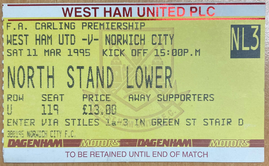 1994/95 ORIGINAL FA PREMIERSHIP TICKET WEST HAM UNITED V NORWICH CITY