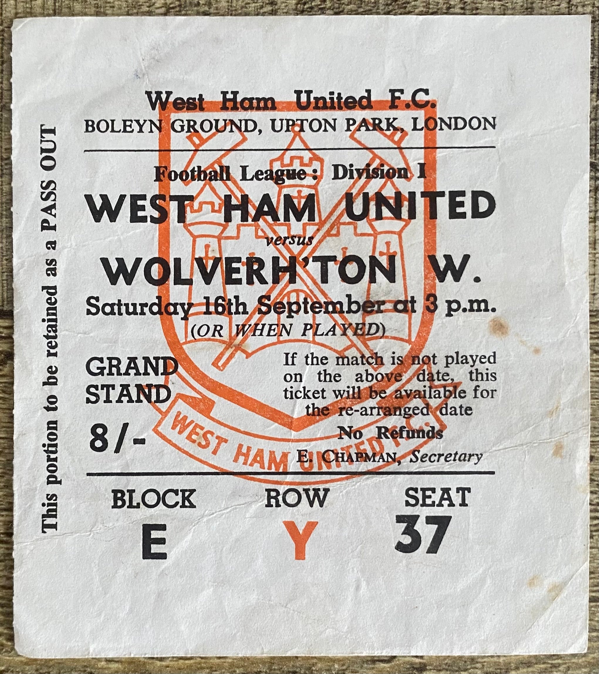 1967/68 ORIGINAL DIVISION 1 TICKET WEST HAM UNITED V WOLVERHAMPTON WANDERERS
