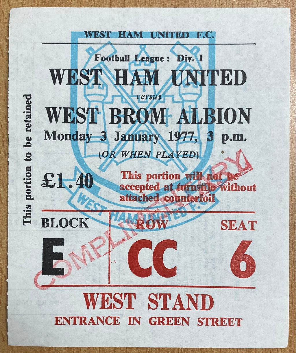 1976/77 ORIGINAL DIVISION ONE TICKET WEST HAM UNITED V WEST BROMWICH ALBION