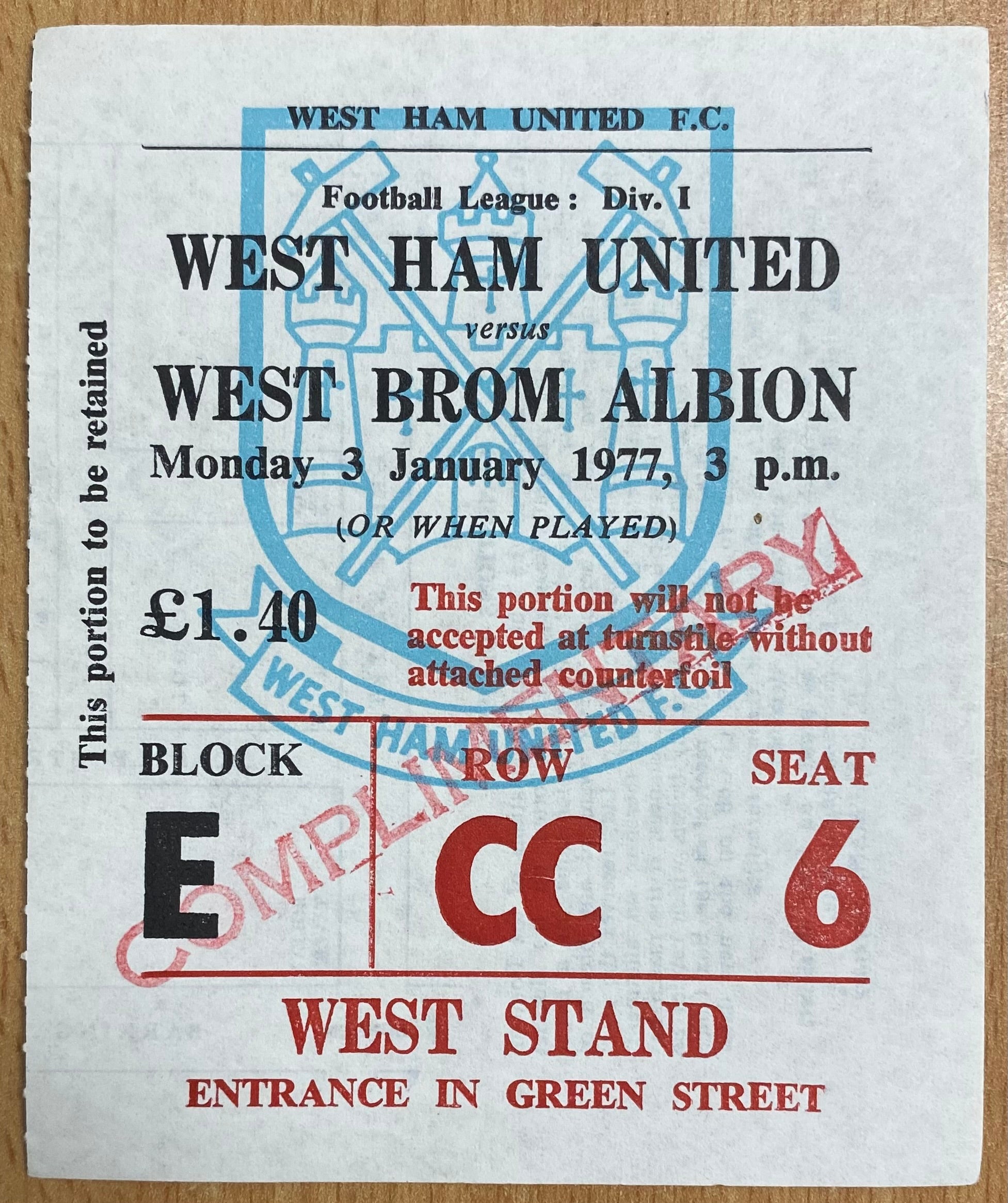 1976/77 ORIGINAL DIVISION ONE TICKET WEST HAM UNITED V WEST BROMWICH ALBION