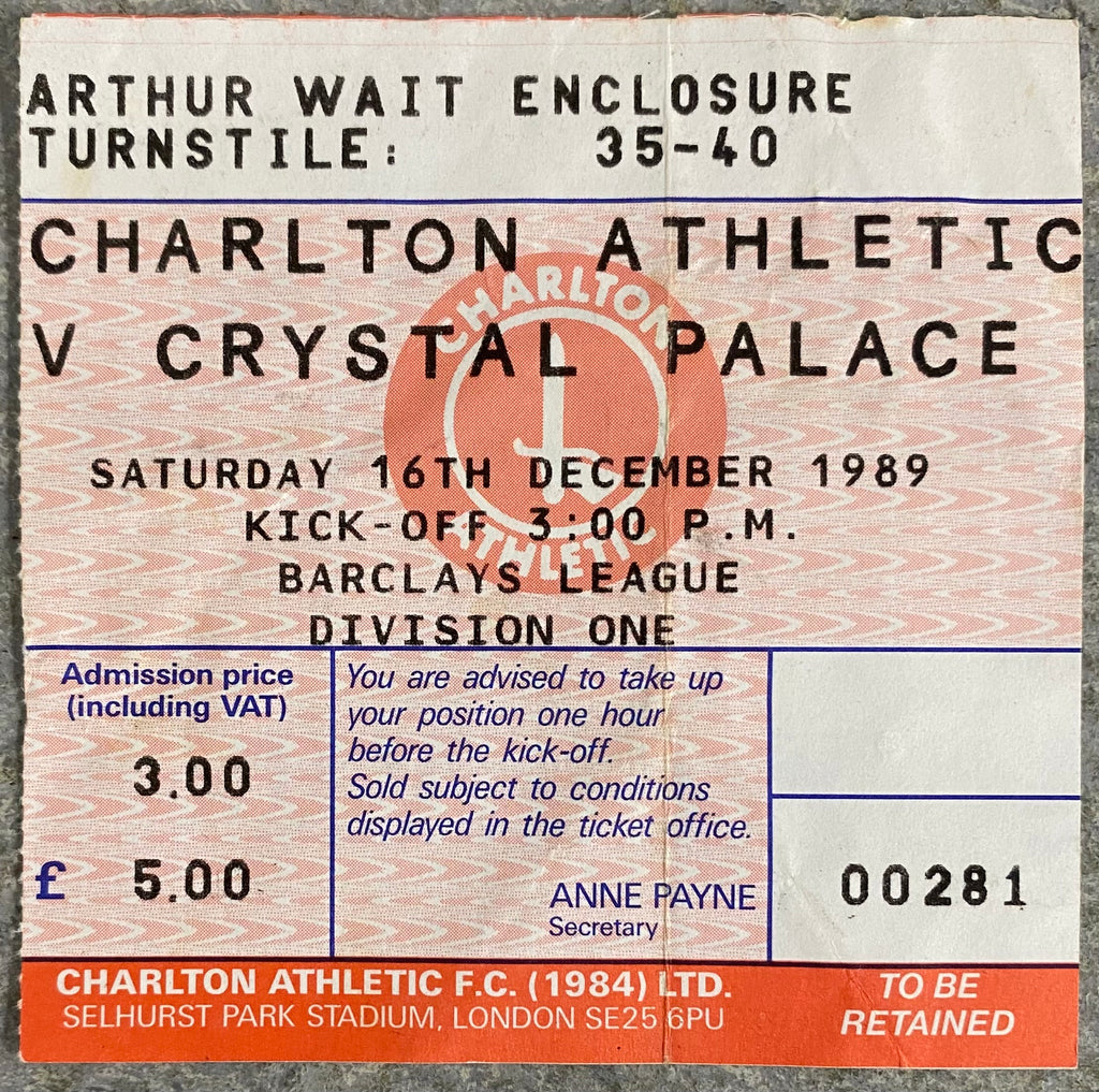 1989/90 ORIGINAL DIVISION ONE TICKET CHARLTON ATHLETIC V CRYSTAL PALACE