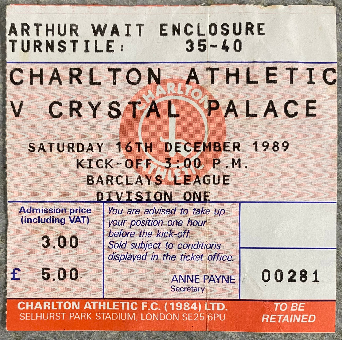 1989/90 ORIGINAL DIVISION ONE TICKET CHARLTON ATHLETIC V CRYSTAL PALACE