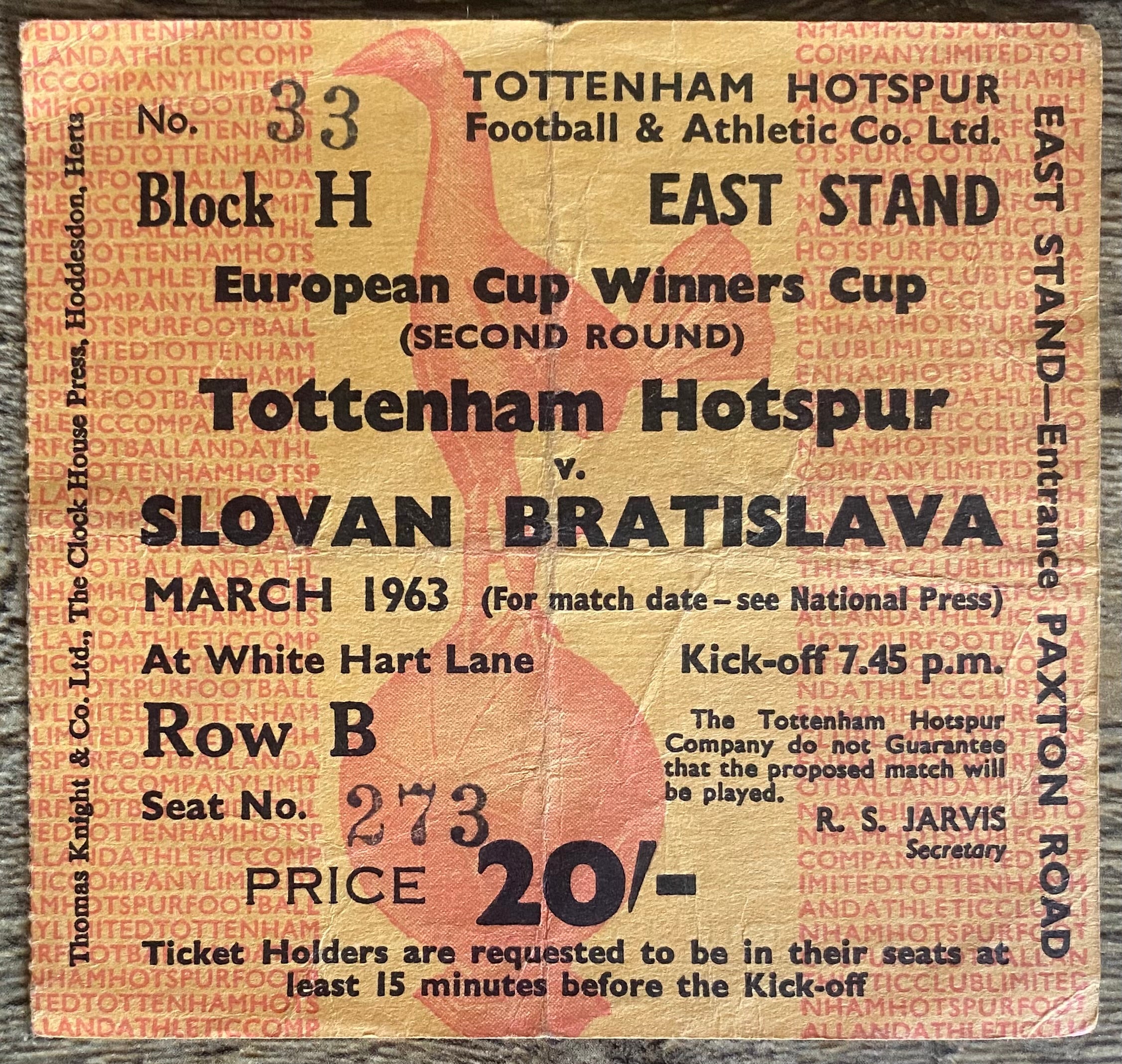 1962/63 ORIGINAL EUROPEAN CUP WINNERS CUP 2ND ROUND 2ND LEG TICKET TOTTENHAM HOTSPUR V SLOVAN BRATISLAVA