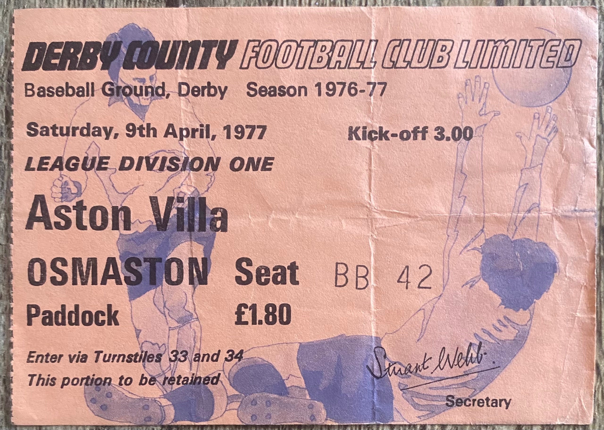 1976/77 ORIGINAL DIVISION ONE TICKET DERBY COUNTY V ASTON VILLA
