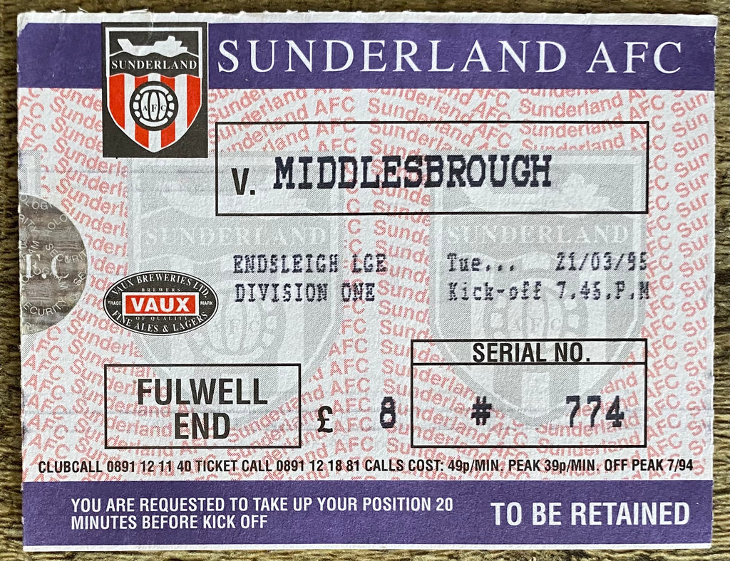 1994/95 ORIGINAL DIVISION ONE TICKET SUNDERLAND v MIDDLESBROUGH