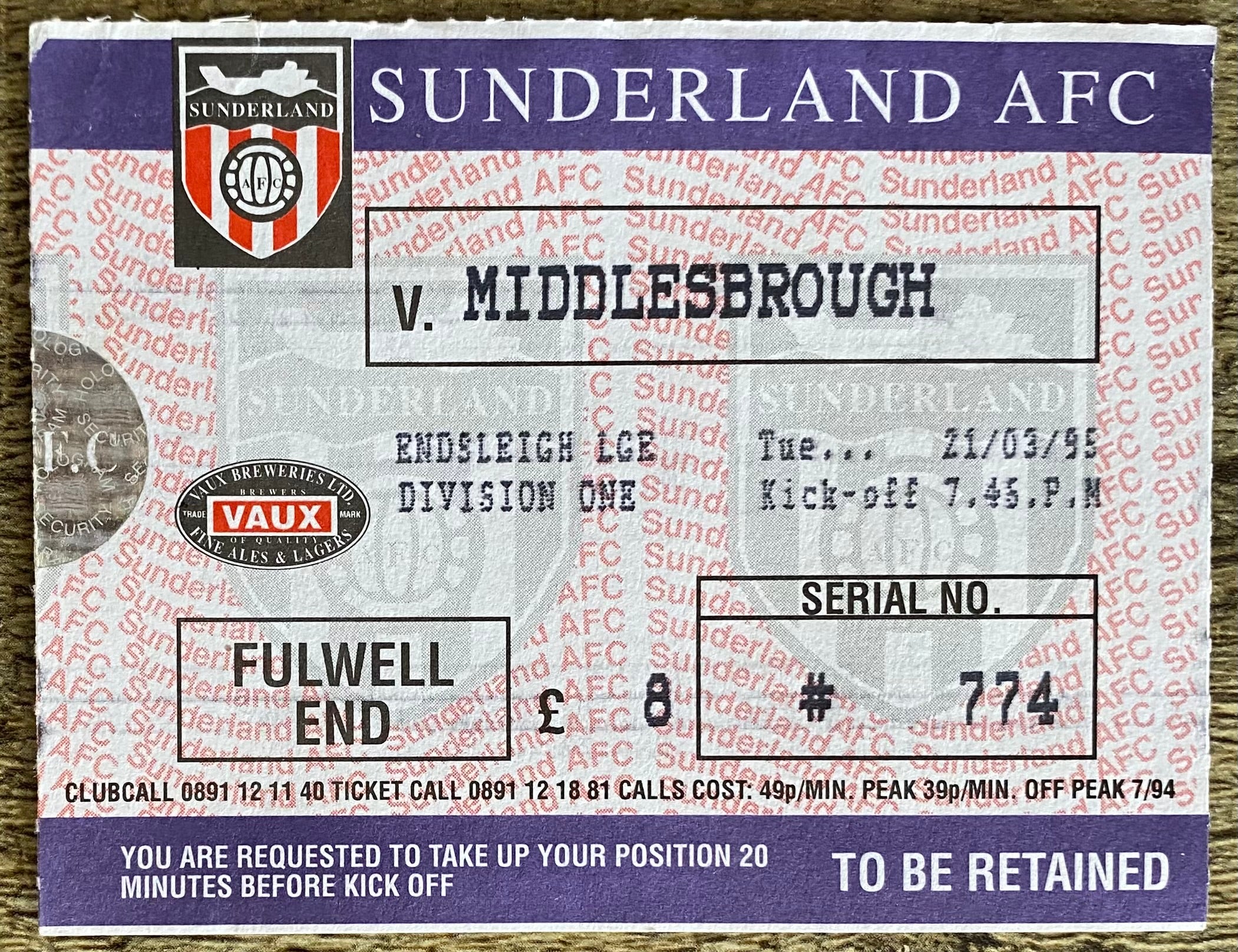 1994/95 ORIGINAL DIVISION ONE TICKET SUNDERLAND v MIDDLESBROUGH