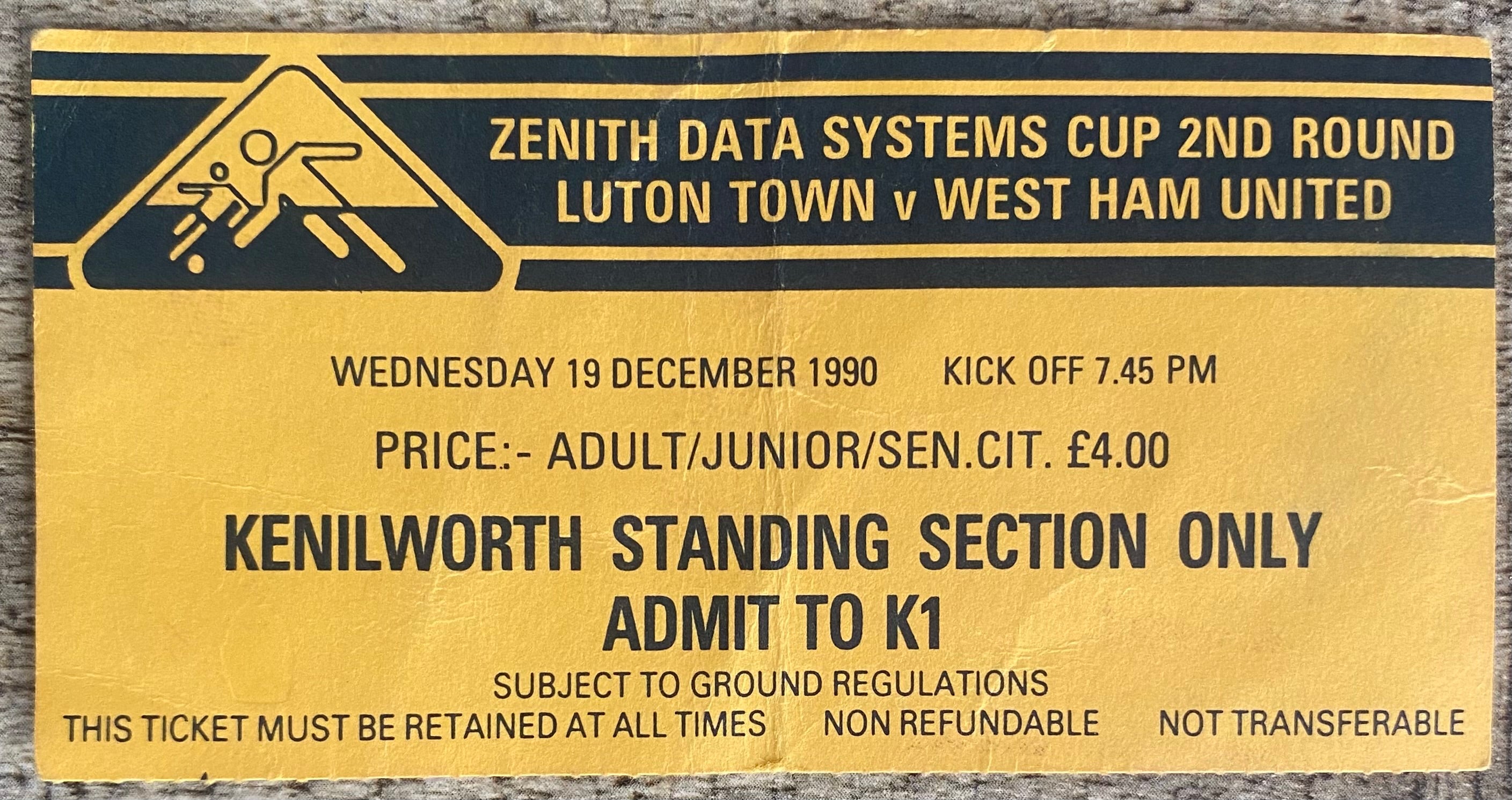 1990/91 ORIGINAL ZENITH DATA SYSTEMS CUP 2ND ROUND TICKET LUTON TOWN V WEST HAM UNITED