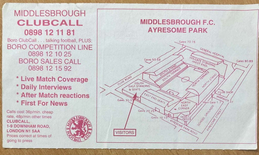 1993/94 ORIGINAL DIVISION 1 TICKET MIDDLESBROUGH V SUNDERLAND