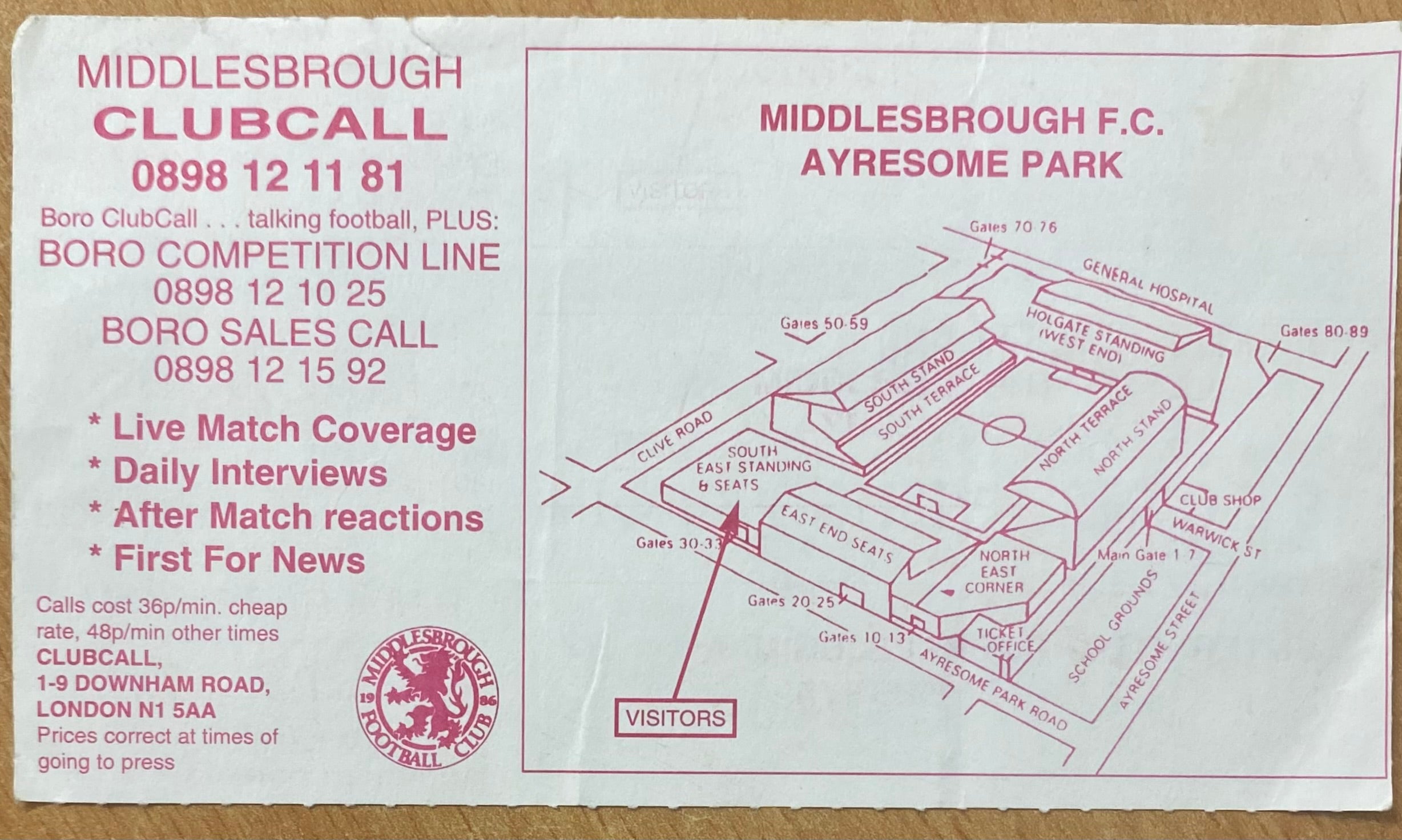 1993/94 ORIGINAL DIVISION 1 TICKET MIDDLESBROUGH V SUNDERLAND