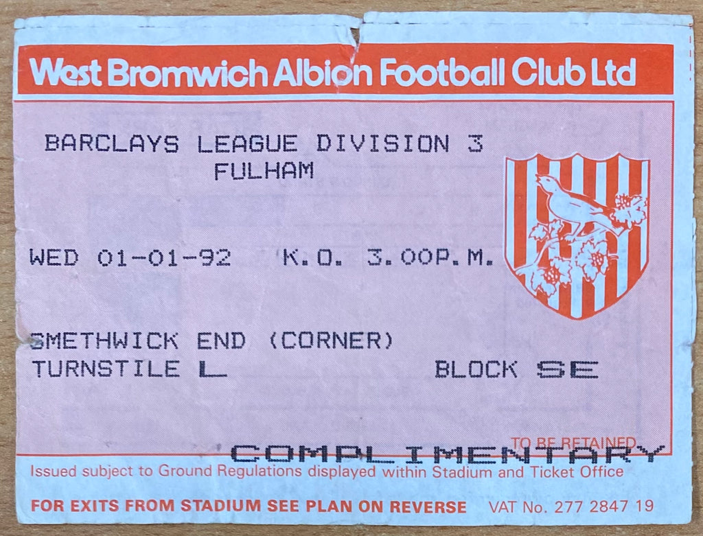 1991/92 ORIGINAL DIVISION 3 TICKET WEST BROMWICH ALBION V FULHAM