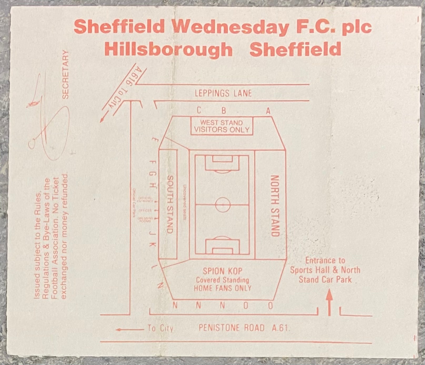 1989/90 ORIGINAL DIVISION 1 TICKET SHEFFIELD WEDNESDAY V TOTTENHAM HOTSPUR