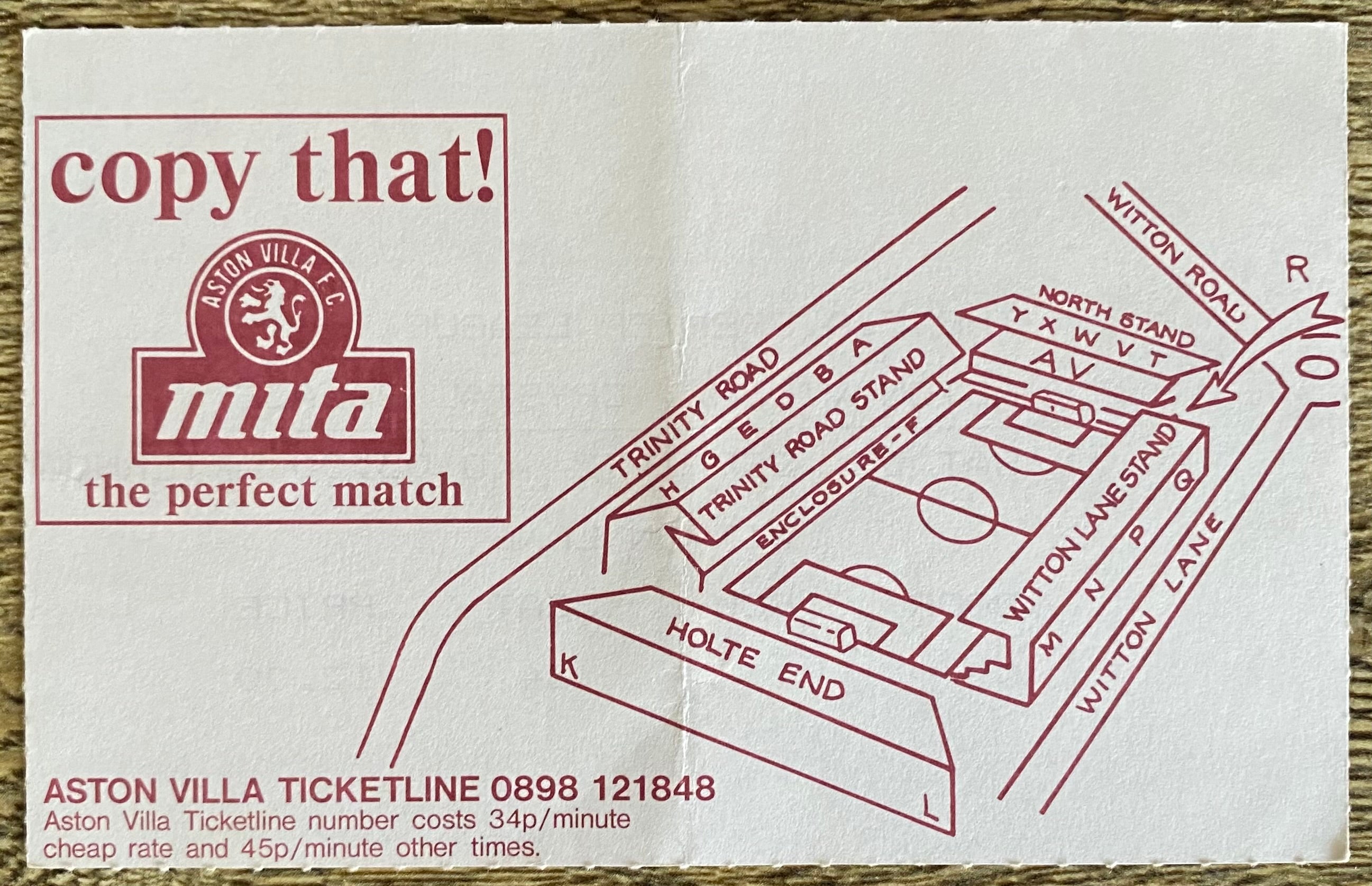 1992/93 ORIGINAL PREMIER LEAGUE TICKET ASTON VILLA V CRYSTAL PALACE