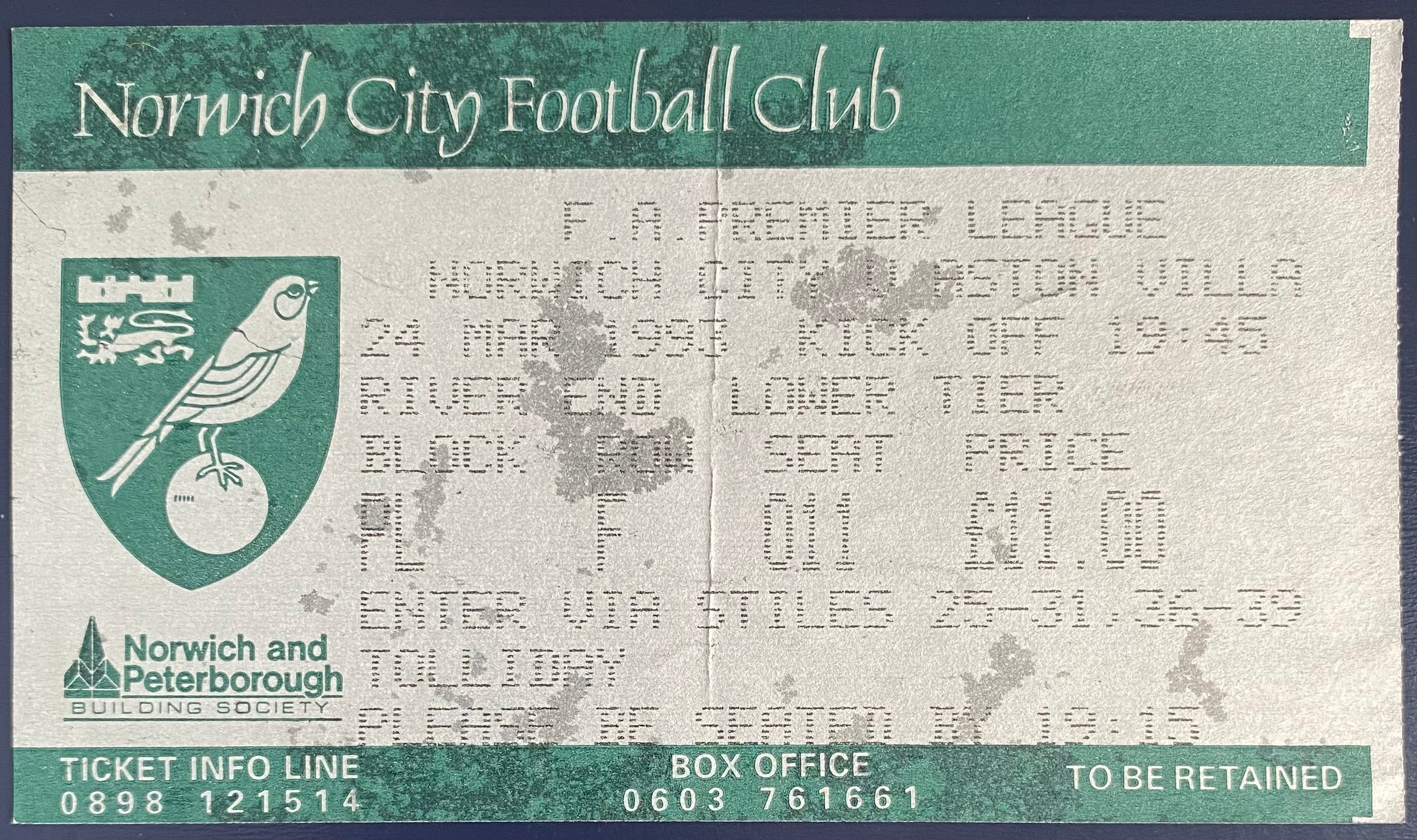 1992/93 ORIGINAL FA PREMIER LEAGUE TICKET NORWICH CITY V ASTON VILLA