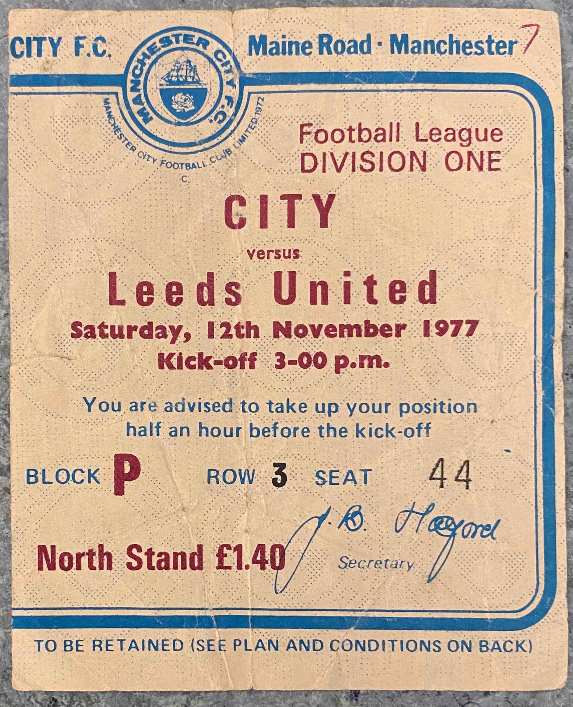 1977/78 ORIGINAL DIVISION 1 TICKET MANCHESTER CITY V LEEDS UNITED
