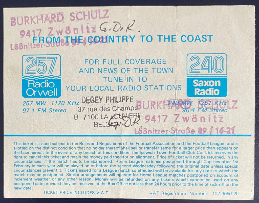 1987/88 ORIGINAL DIVISION 2 TICKET IPSWICH TOWN V WEST BROMWICH ALBION