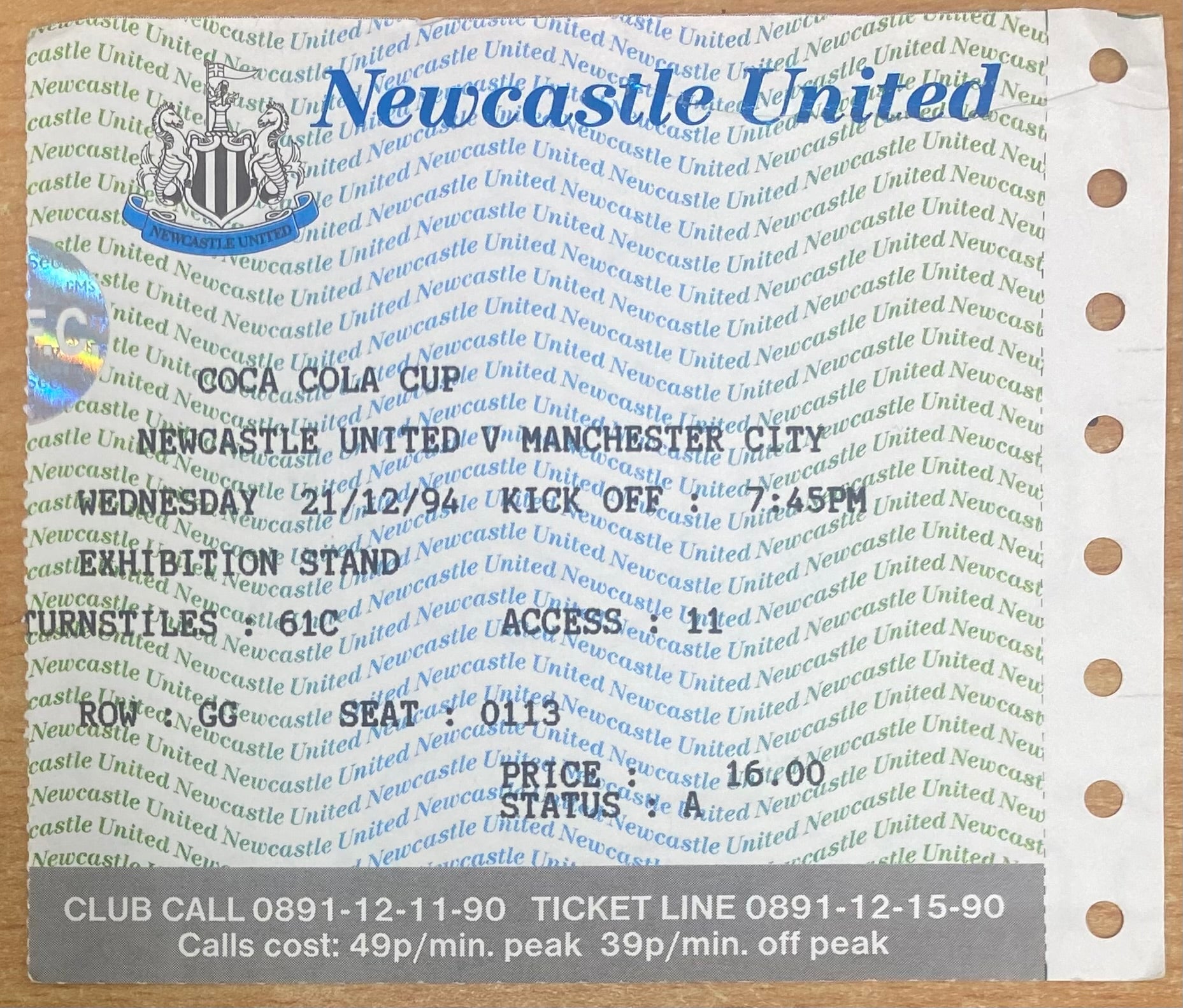 1994/95 ORIGINAL COCA COLA CUP TICKET NEWCASTLE UNITED V MANCHESTER CITY