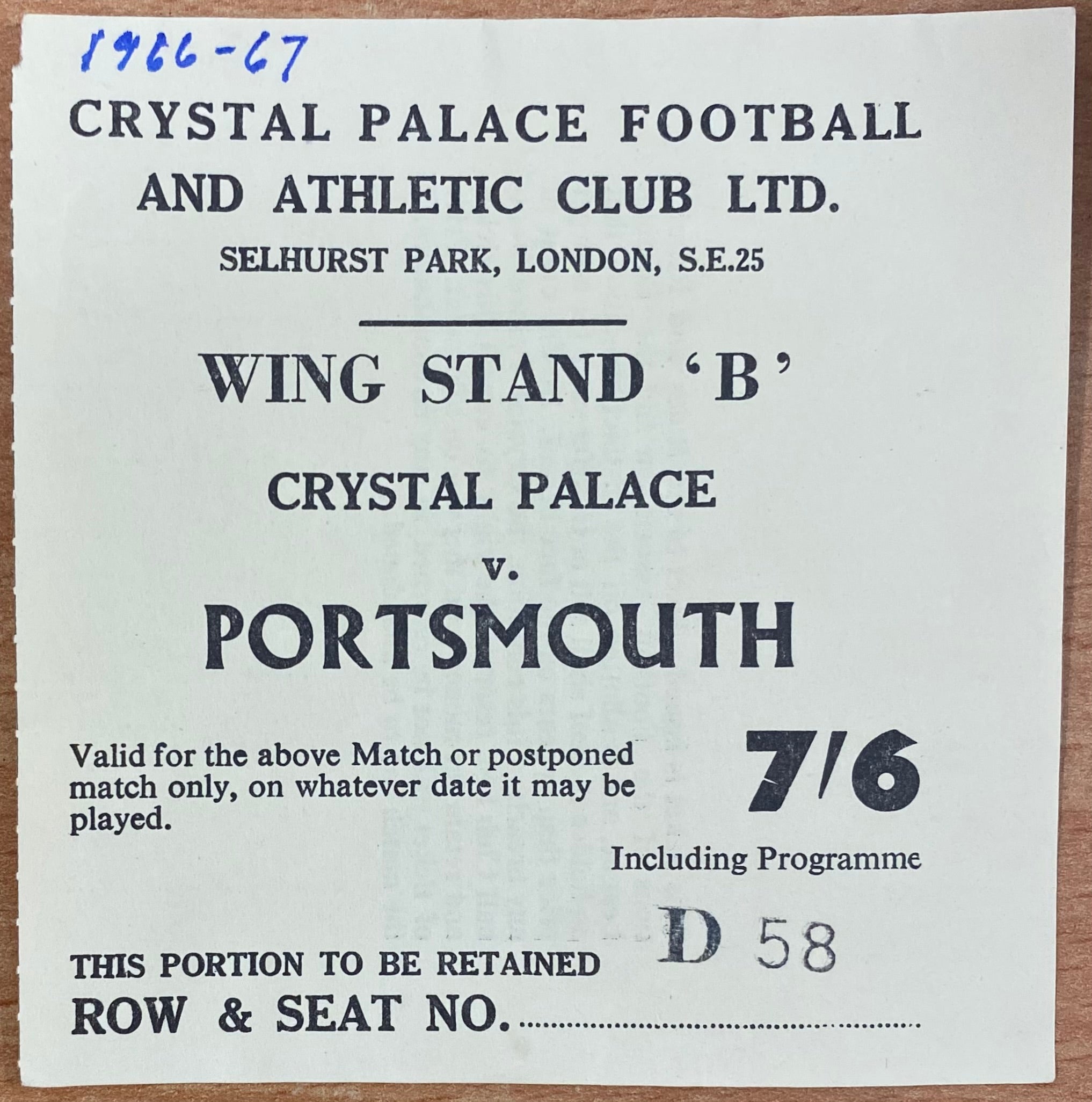 1966/67 ORIGINAL DIVISION 2 TICKET CRYSTAL PALACE V PORTSMOUTH