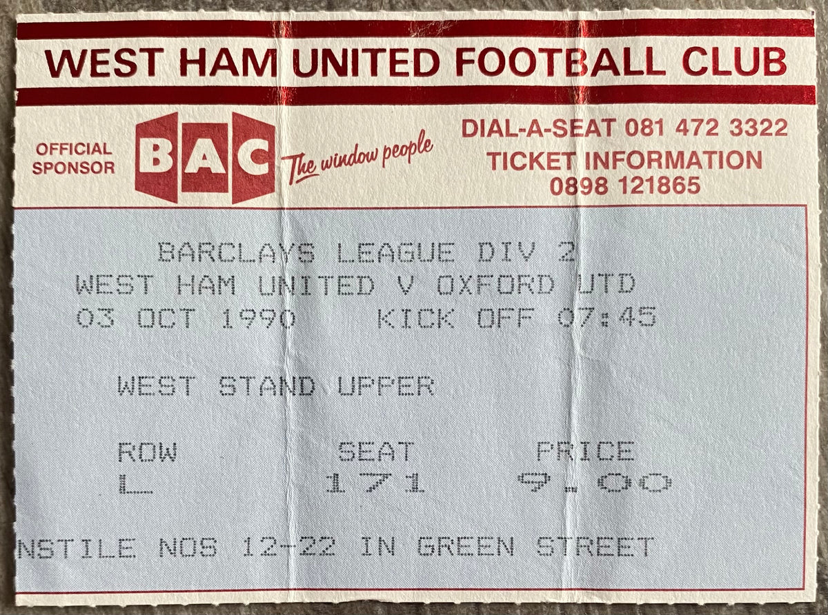 1990/91 ORIGINAL DIVISION 2 TICKET WEST HAM UNITED V OXFORD UNITED