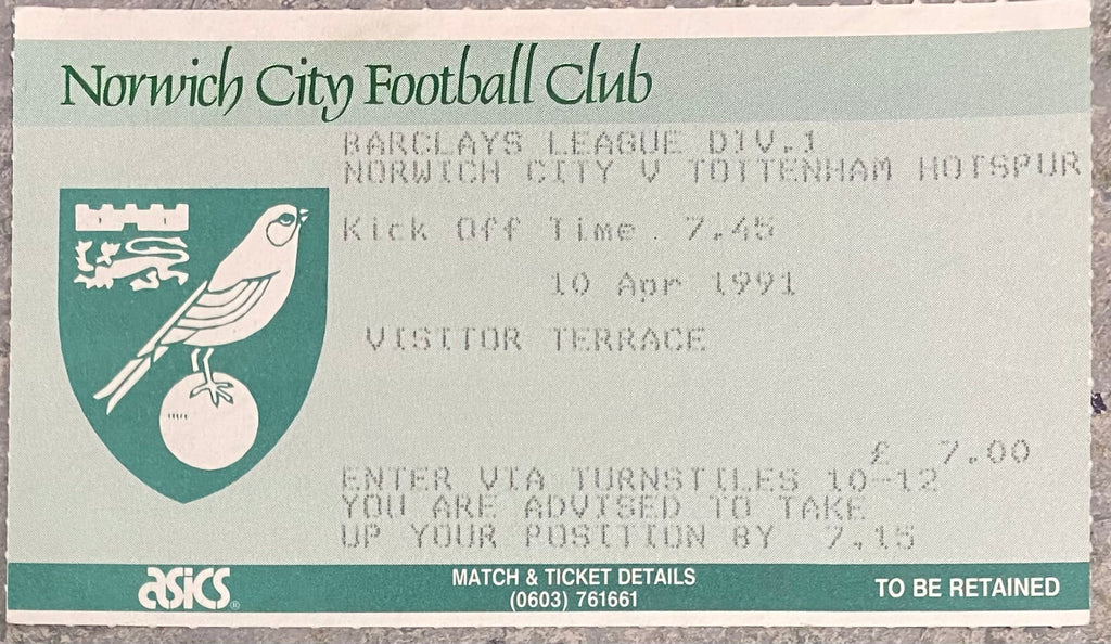 1990/91 ORIGINAL DIVISION 1 TICKET NORWICH CITY V TOTTENHAM HOTSPUR