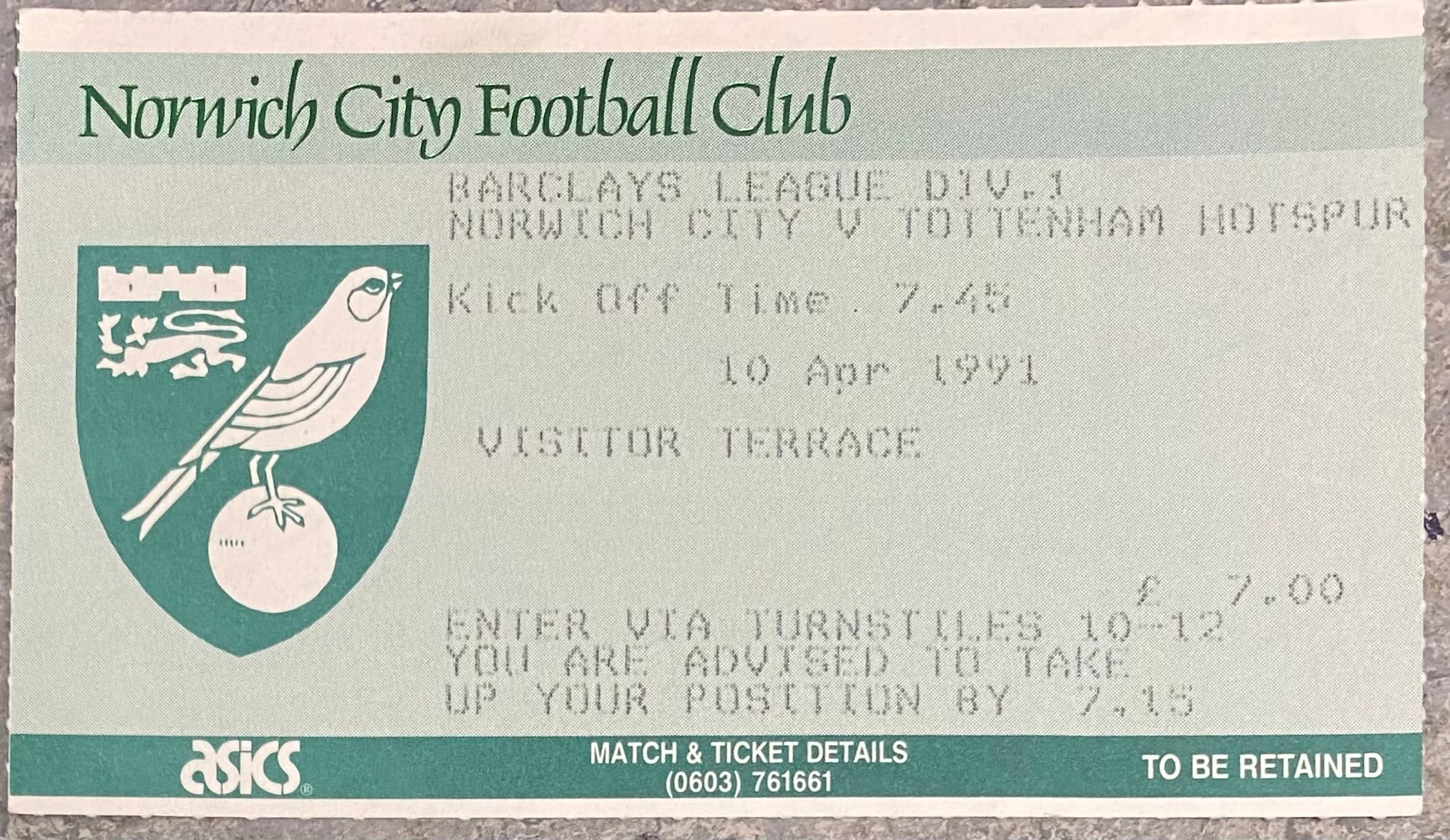 1990/91 ORIGINAL DIVISION 1 TICKET NORWICH CITY V TOTTENHAM HOTSPUR