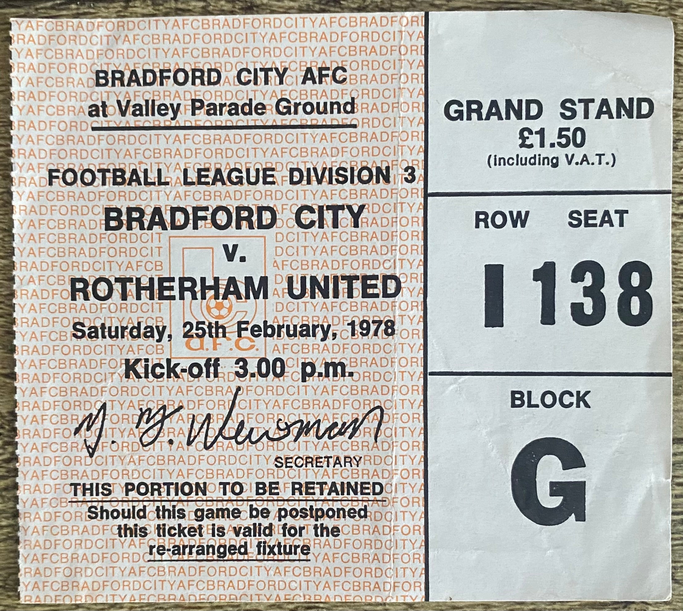 1977/78 ORIGINAL DIVISION 3 TICKET BRADFORD CITY V ROTHERHAM UNITED