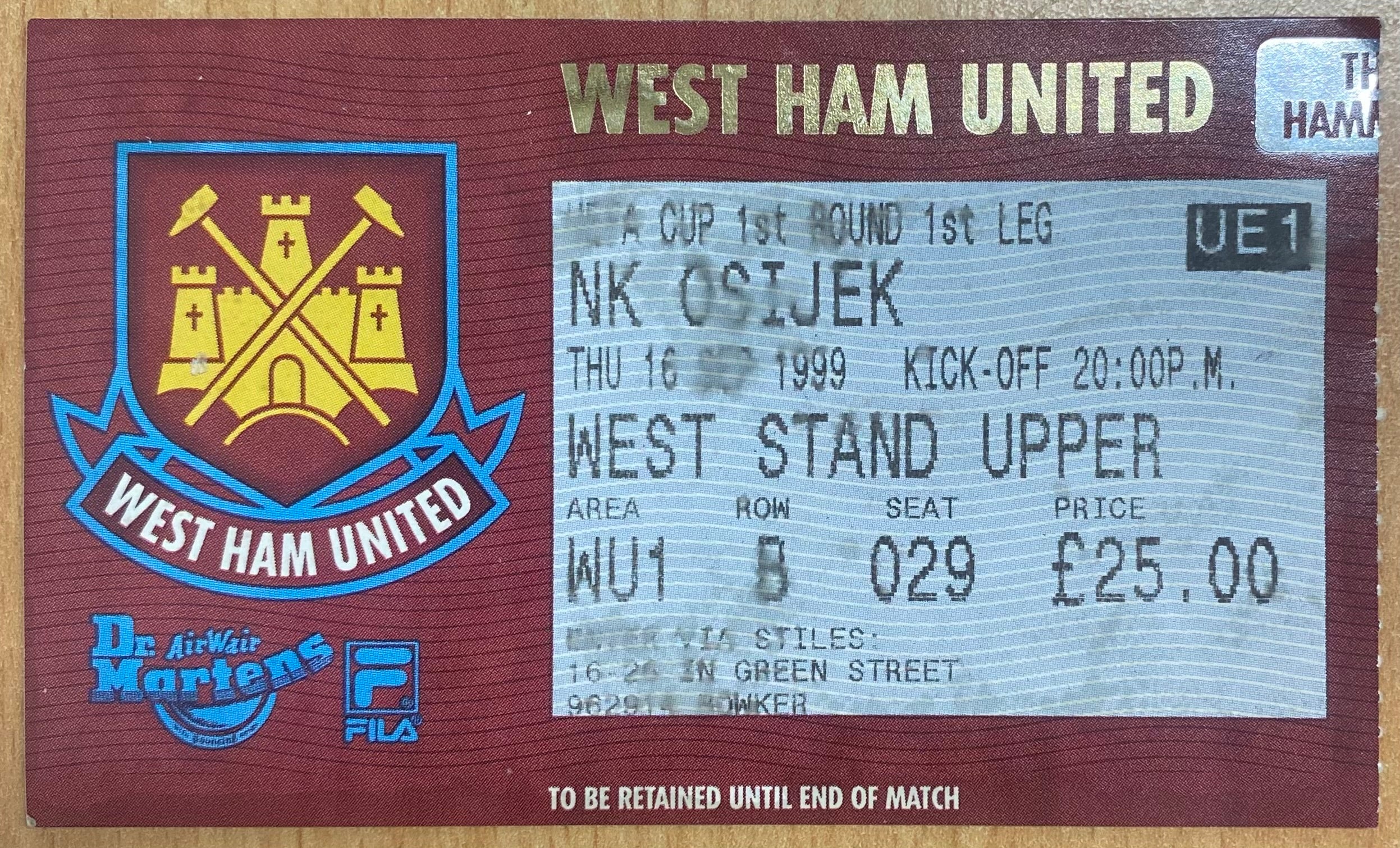 1999/2000 ORIGINAL UEFA CUP 1ST ROUND 1ST LEG TICKET WEST HAM UNITED V NK OSIJEK