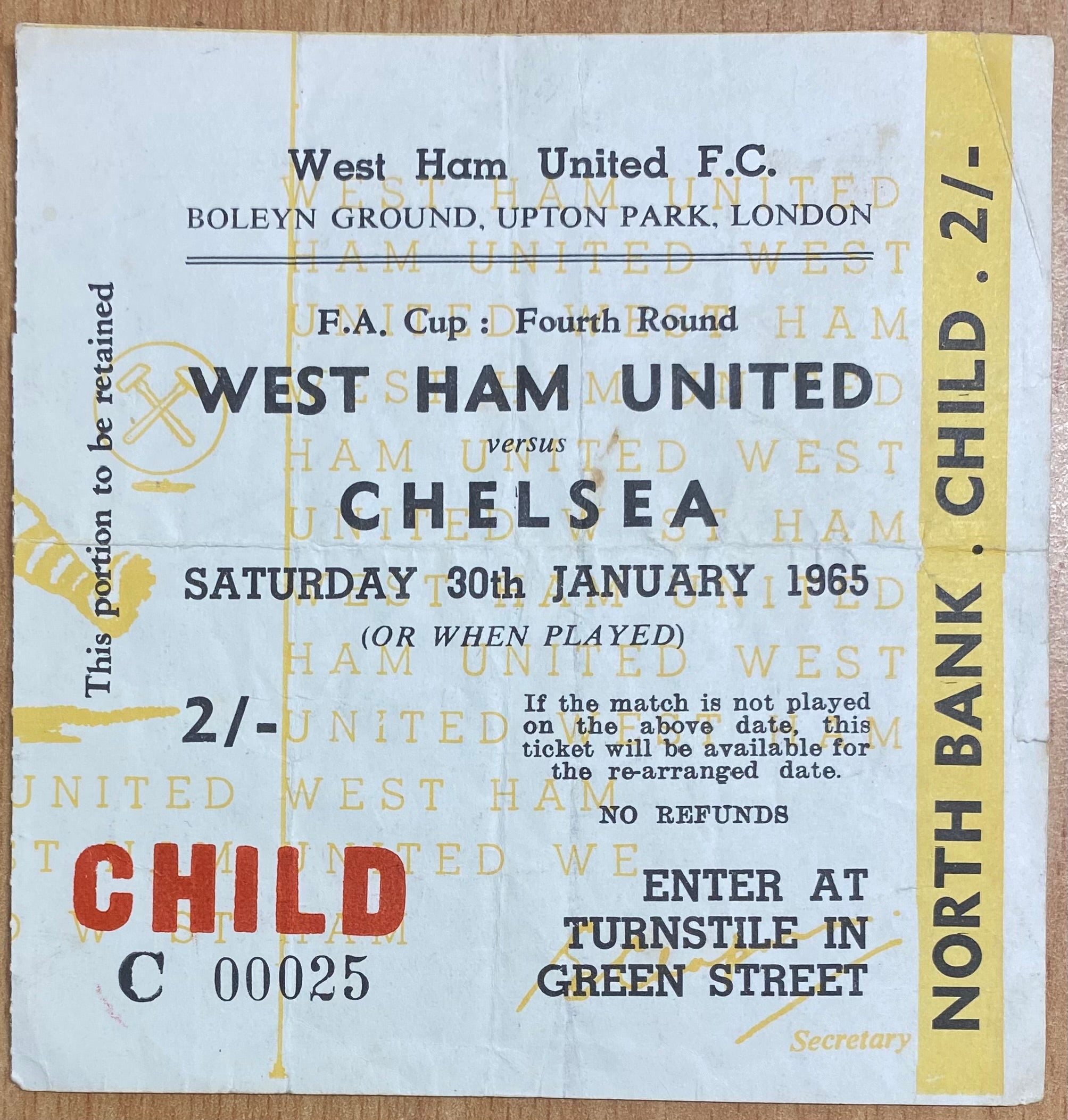1964/65 ORIGINAL FA CUP 4TH ROUND TICKET WEST HAM UNITED V CHELSEA