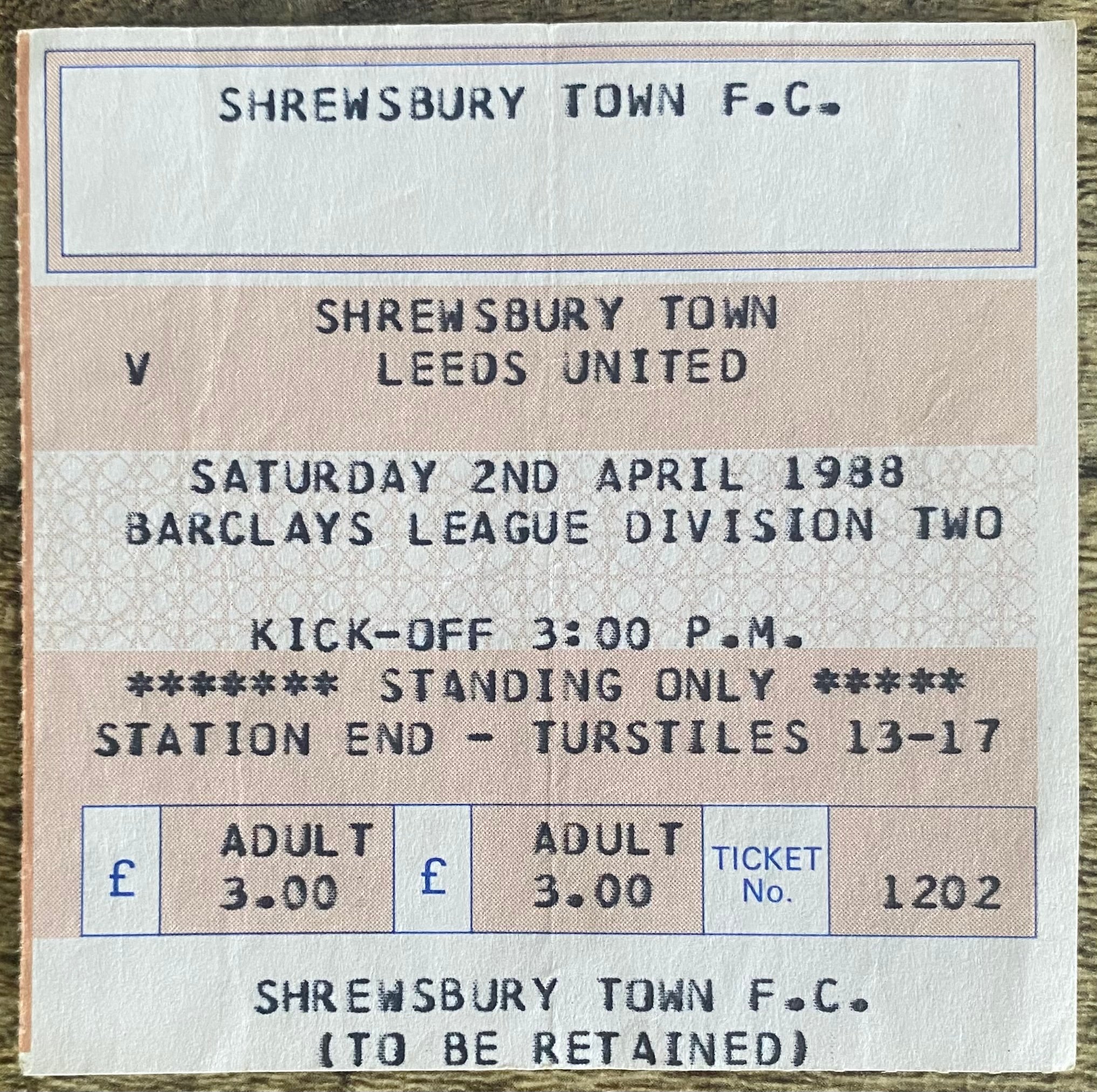 1987/88 ORIGINAL DIVISION 1 TICKET SHREWSBURY TOWN V LEEDS UNITED