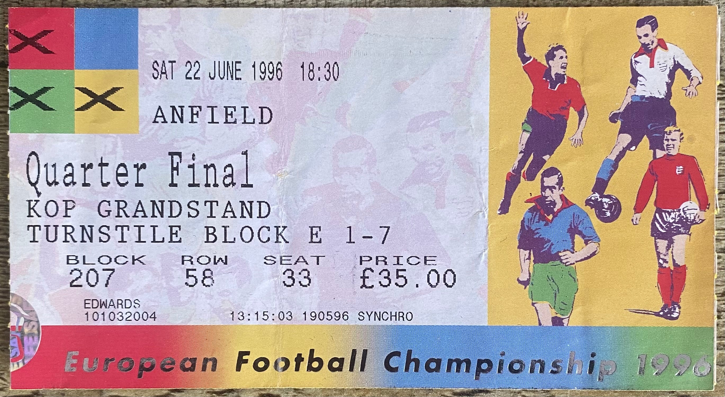1996 ORIGINAL EUROPEAN CHAMPIONSHIPS EURO 96 QUARTER FINAL TICKET FRANCE V NETHERLANDS @ ANFIELD