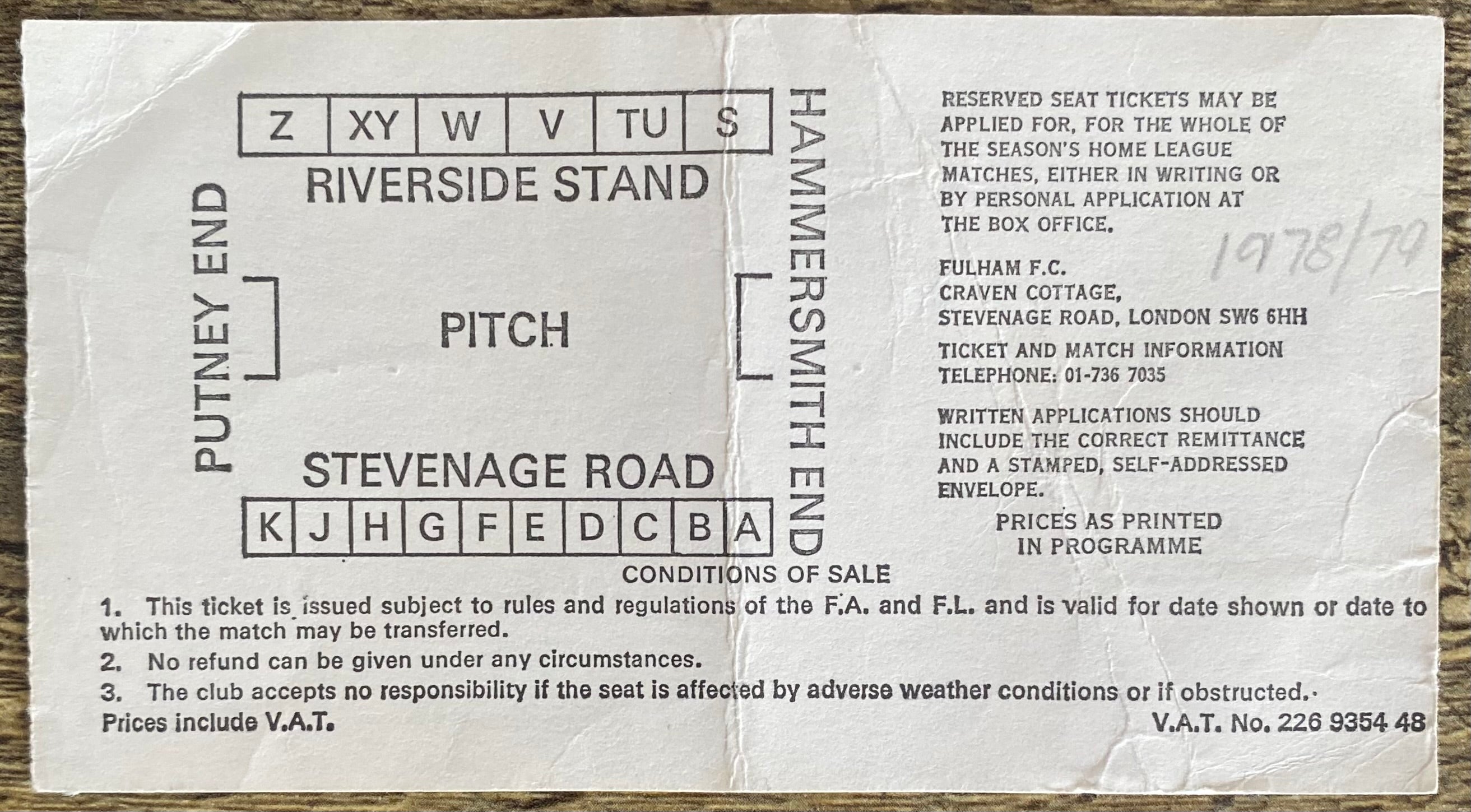 1978/79 ORIGINAL DIVISION 2 TICKET FULHAM V WEST HAM UNITED