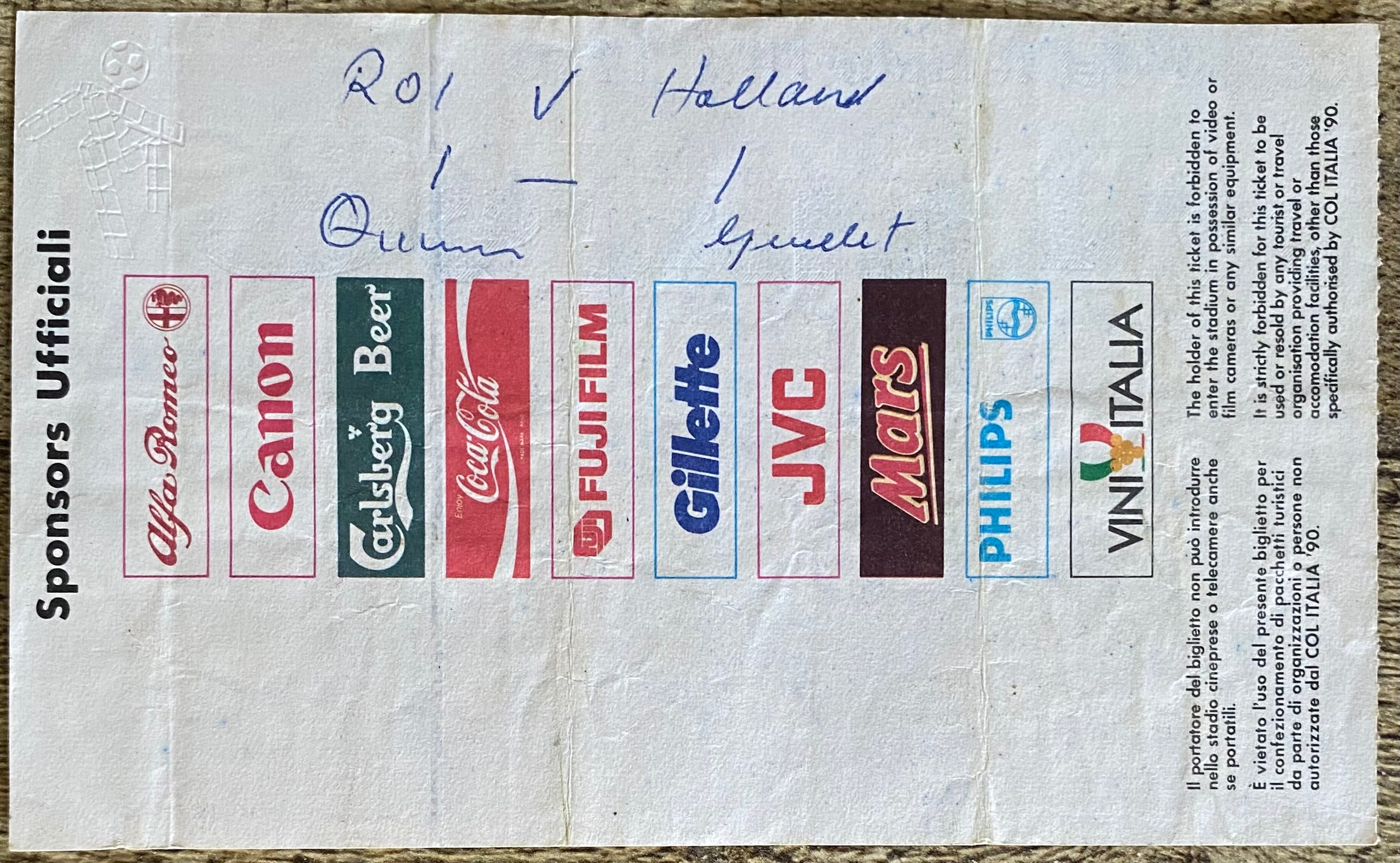 1990 ORIGINAL WORLD CUP 1ST ROUND TICKET REPUBLIC OF IRELAND V NETHERLANDS @ PALERMO
