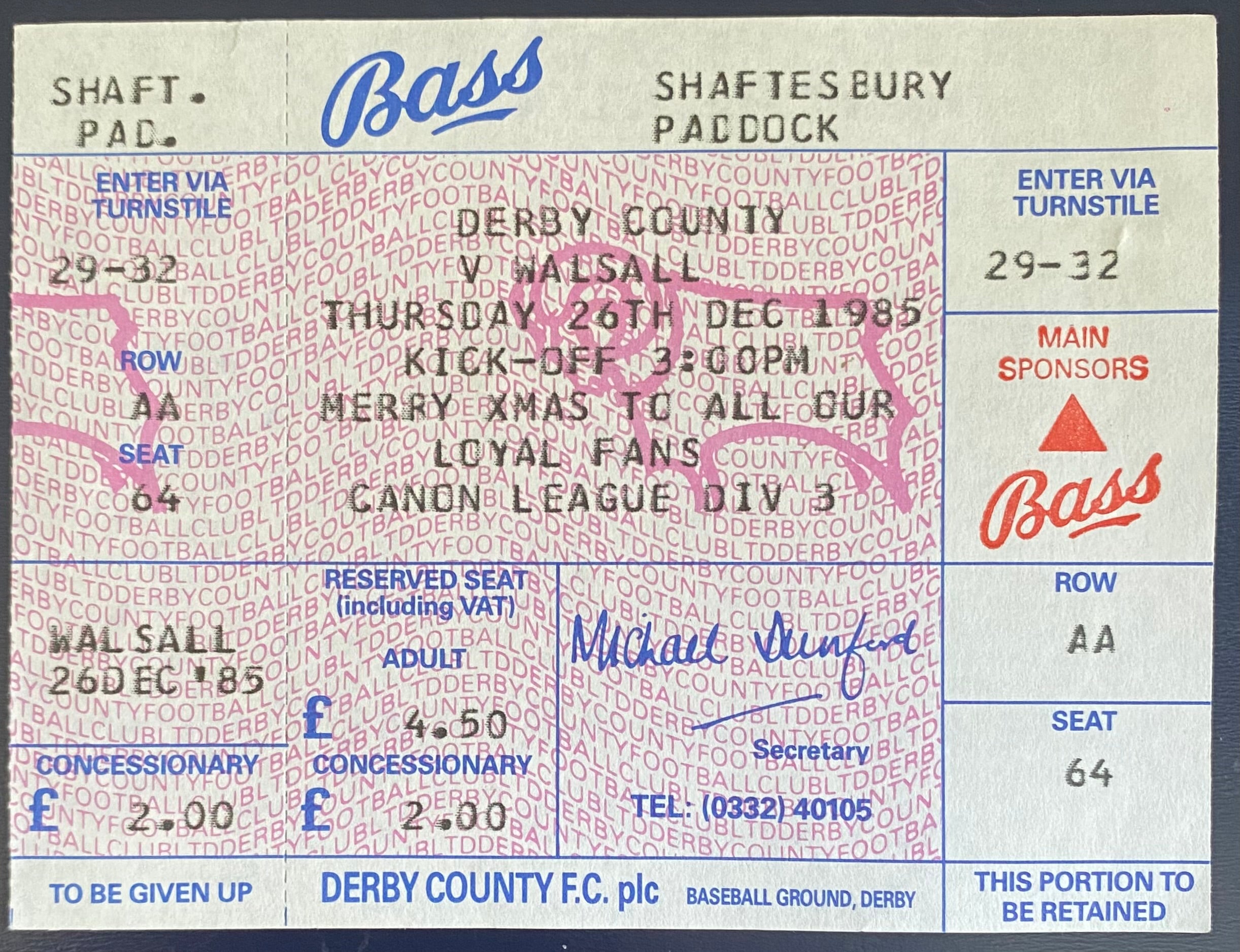 1985/86 ORIGINAL DIVISION 3 UNUSED TICKET DERBY COUNTY V WALSALL