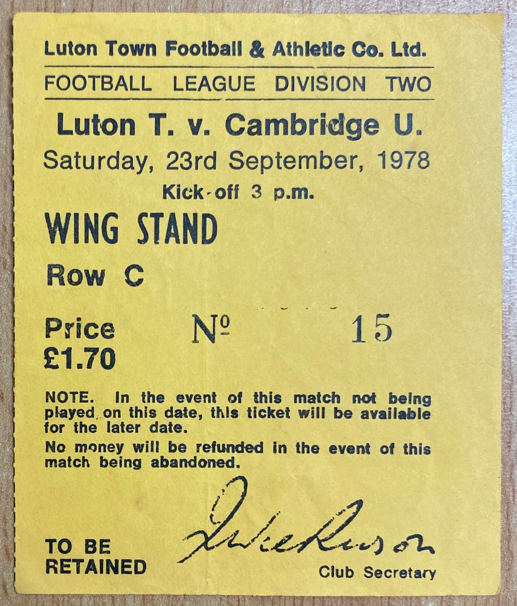 1978/79 ORIGINAL DIVISION 2 TICKET LUTON TOWN V CAMBRIDGE UNITED