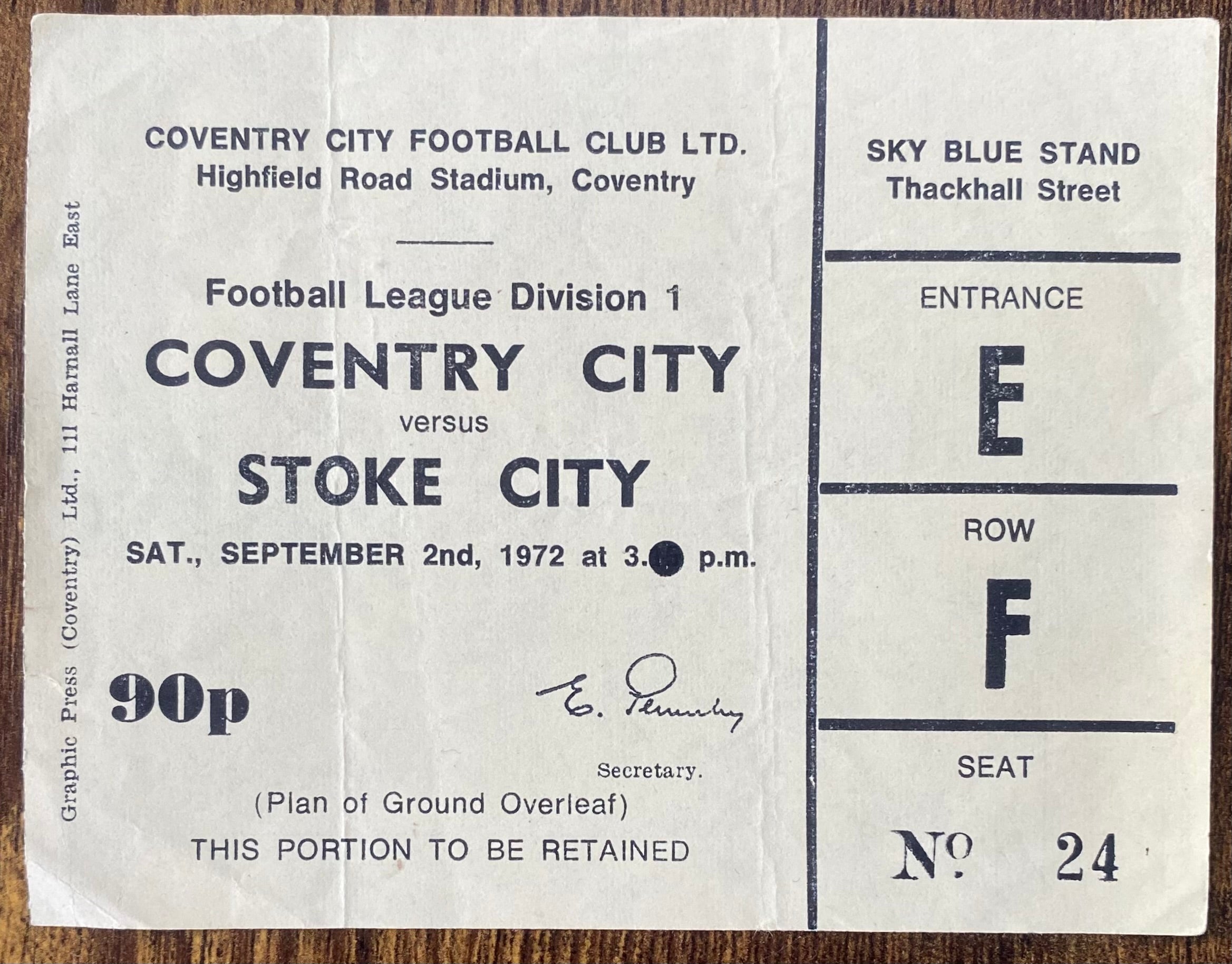 1972/73 ORIGINAL DIVISION 1 TICKET COVENTRY CITY V STOKE CITY