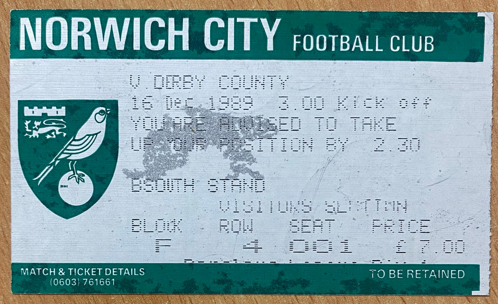 1989/90 ORIGINAL DIVISION ONE TICKET NORWICH CITY V DERBY COUNTY