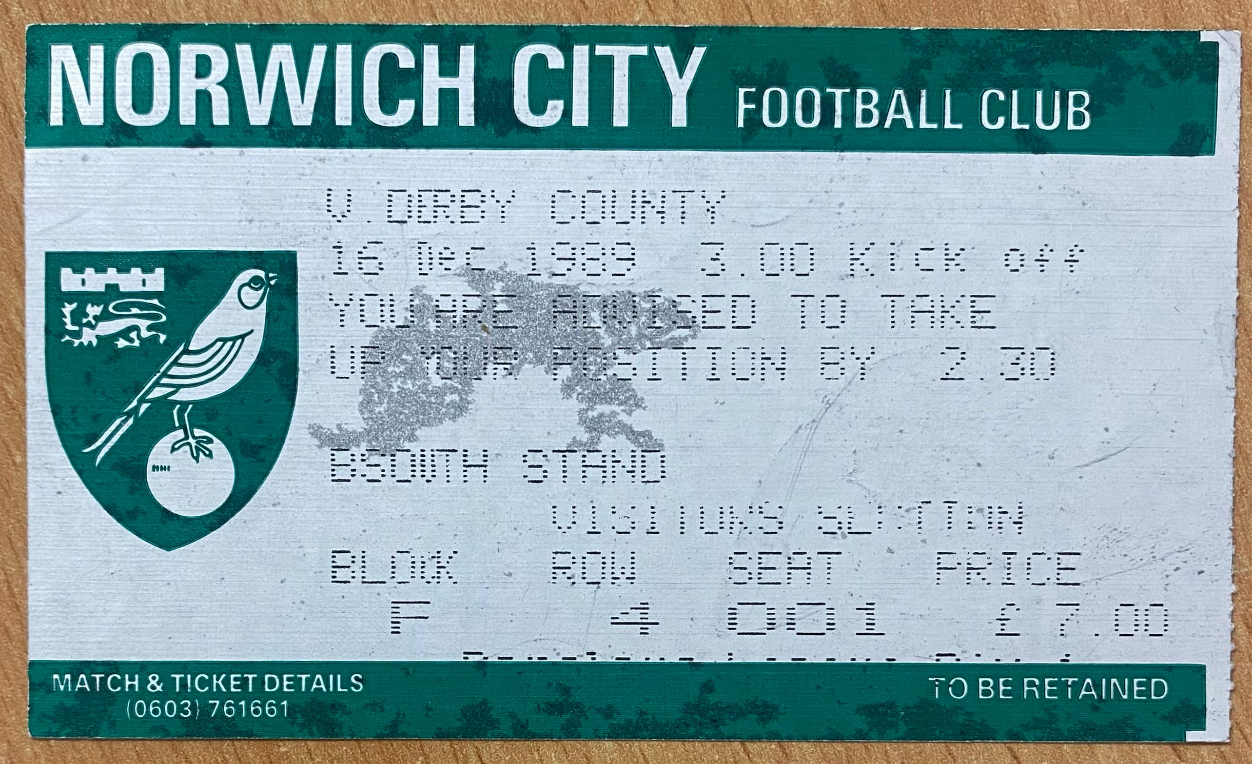 1989/90 ORIGINAL DIVISION ONE TICKET NORWICH CITY V DERBY COUNTY