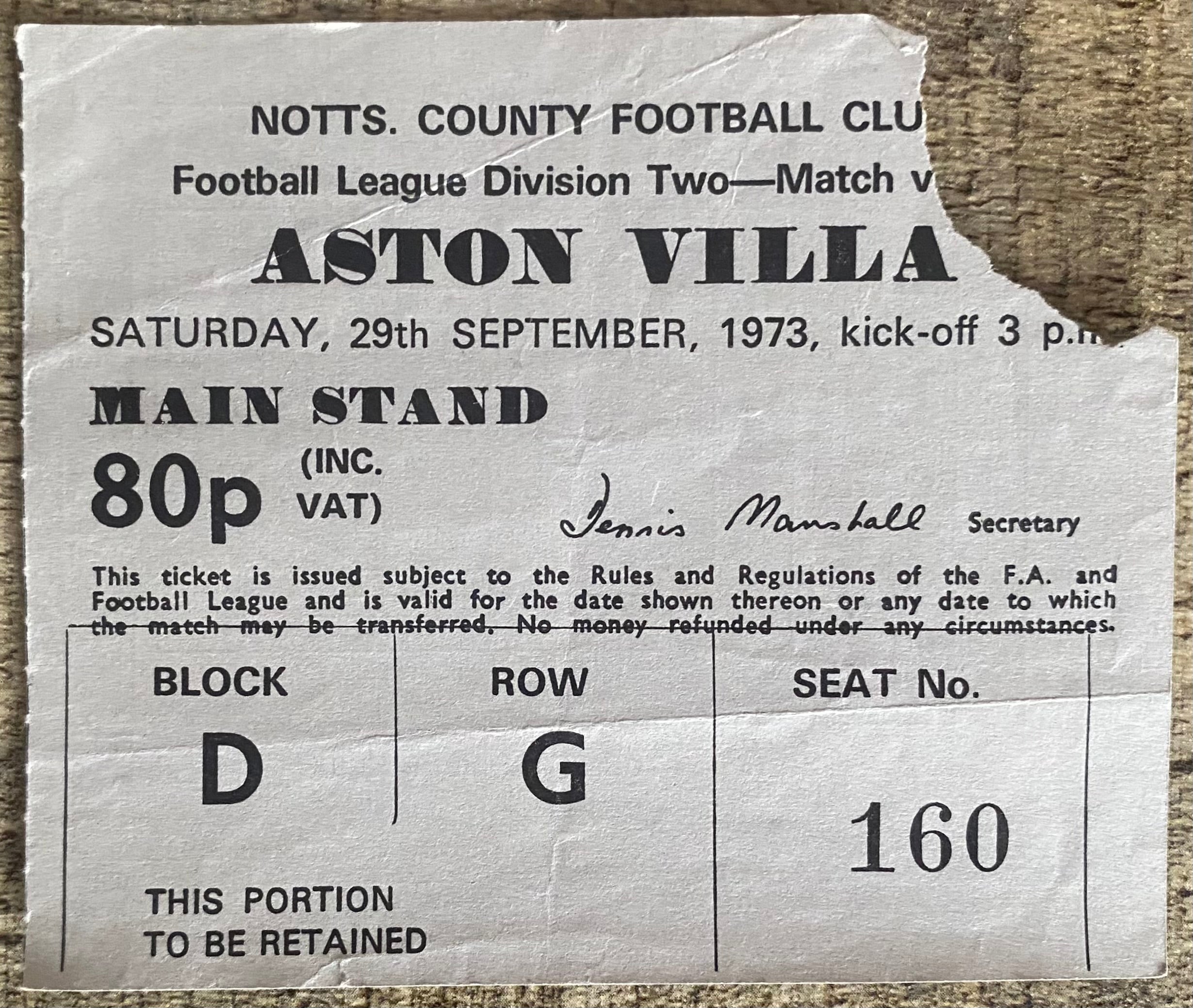 1973/74 ORIGINAL DIVISION 2 TICKET NOTTS COUNTY V ASTON VILLA