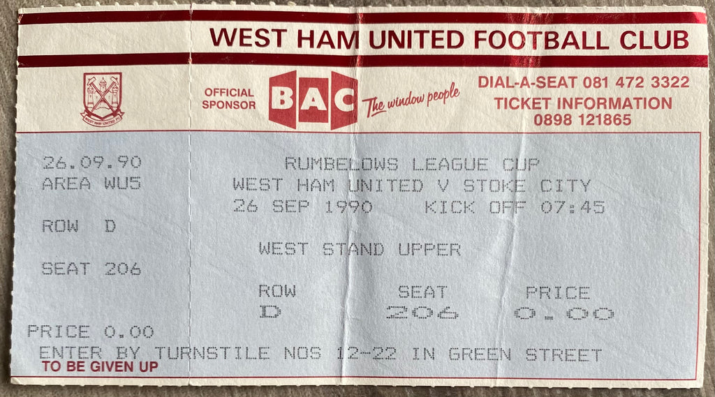 1990/91 ORIGINAL RUMBELOWS CUP 2ND ROUND 1ST LEG UNUSED TICKET WEST HAM UNITED V STOKE CITY