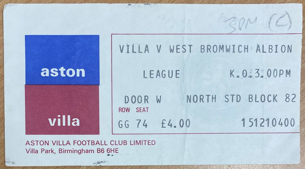 1983/84 ORIGINAL DIVISION 1 TICKET ASTON VILLA V WEST BROMWICH ALBION