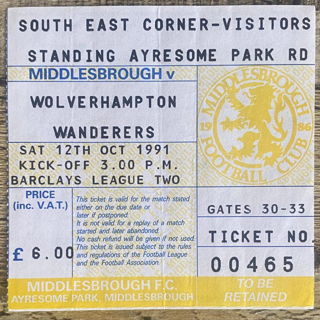 1991/92 ORIGINAL DIVISION 2 TICKET MIDDLESBROUGH V WOLVERHAMPTON WANDERERS