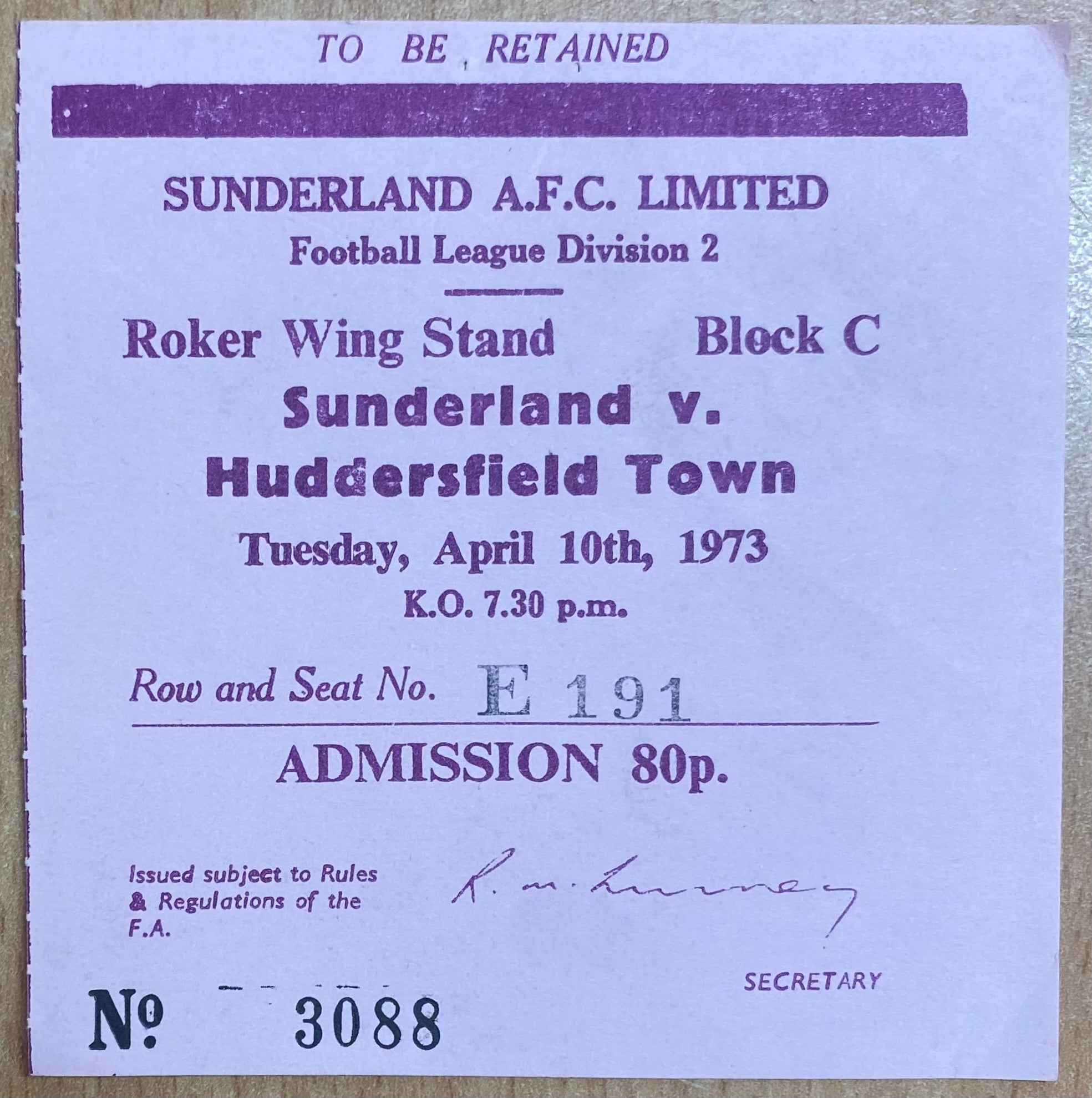 1972/73 ORIGINAL DIVISION 2 TICKET SUNDERLAND V HUDDERSFIELD TOWN