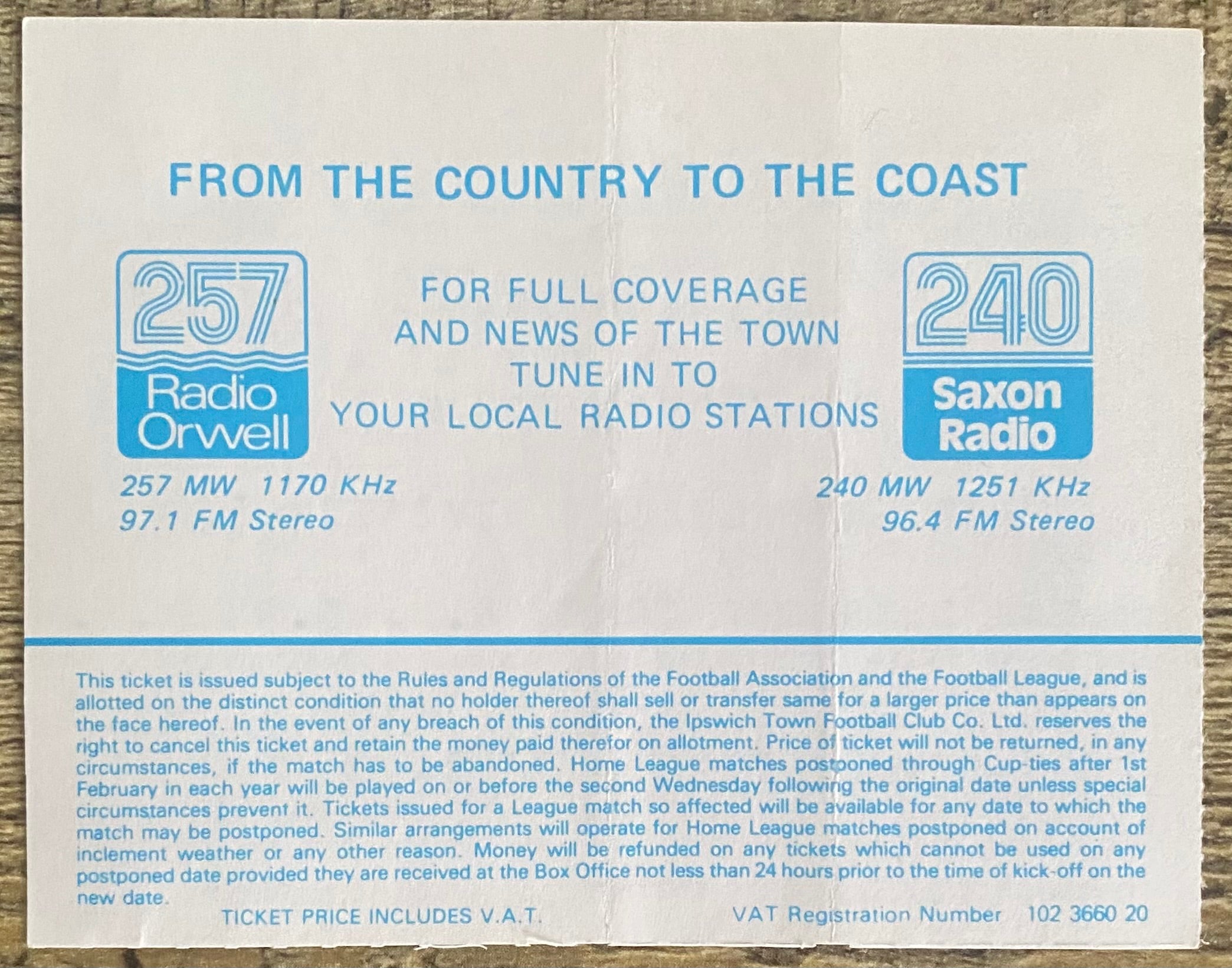 1989/90 ORIGINAL DIVISION 2 TICKET IPSWICH TOWN V WOLVERHAMPTON WANDERERS