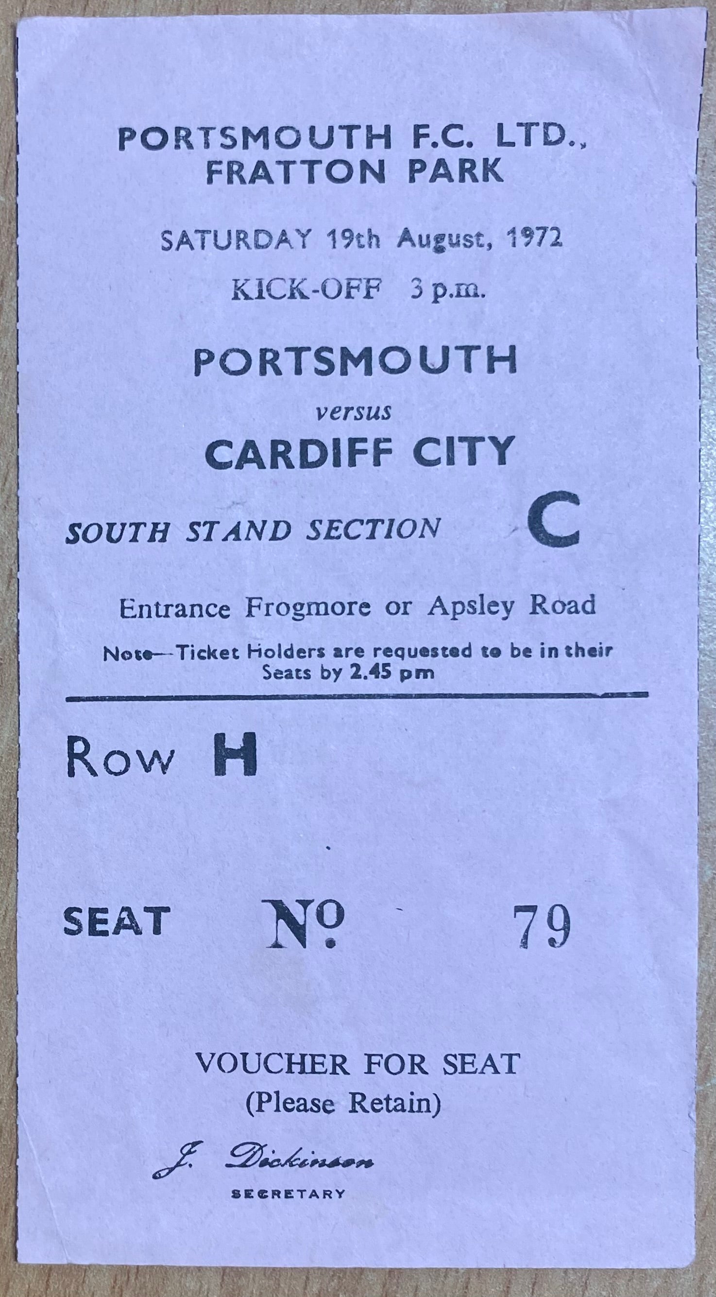 1972/73 ORIGINAL DIVISION 2 TICKET PORTSMOUTH V CARDIFF CITY