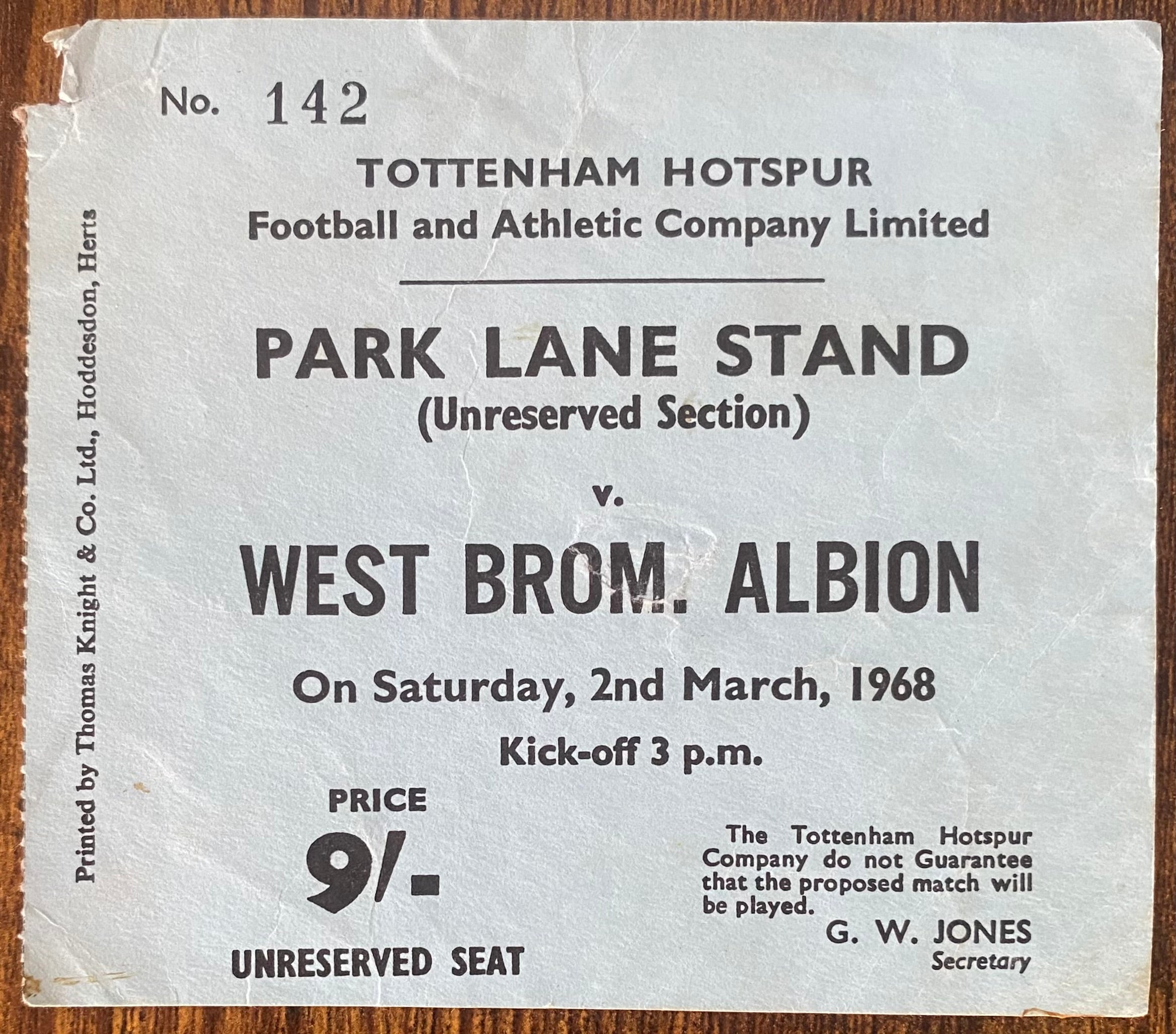 1967/68 ORIGINAL DIVISION ONE TICKET TOTTENHAM HOTSPUR V WEST BROMWICH ALBION