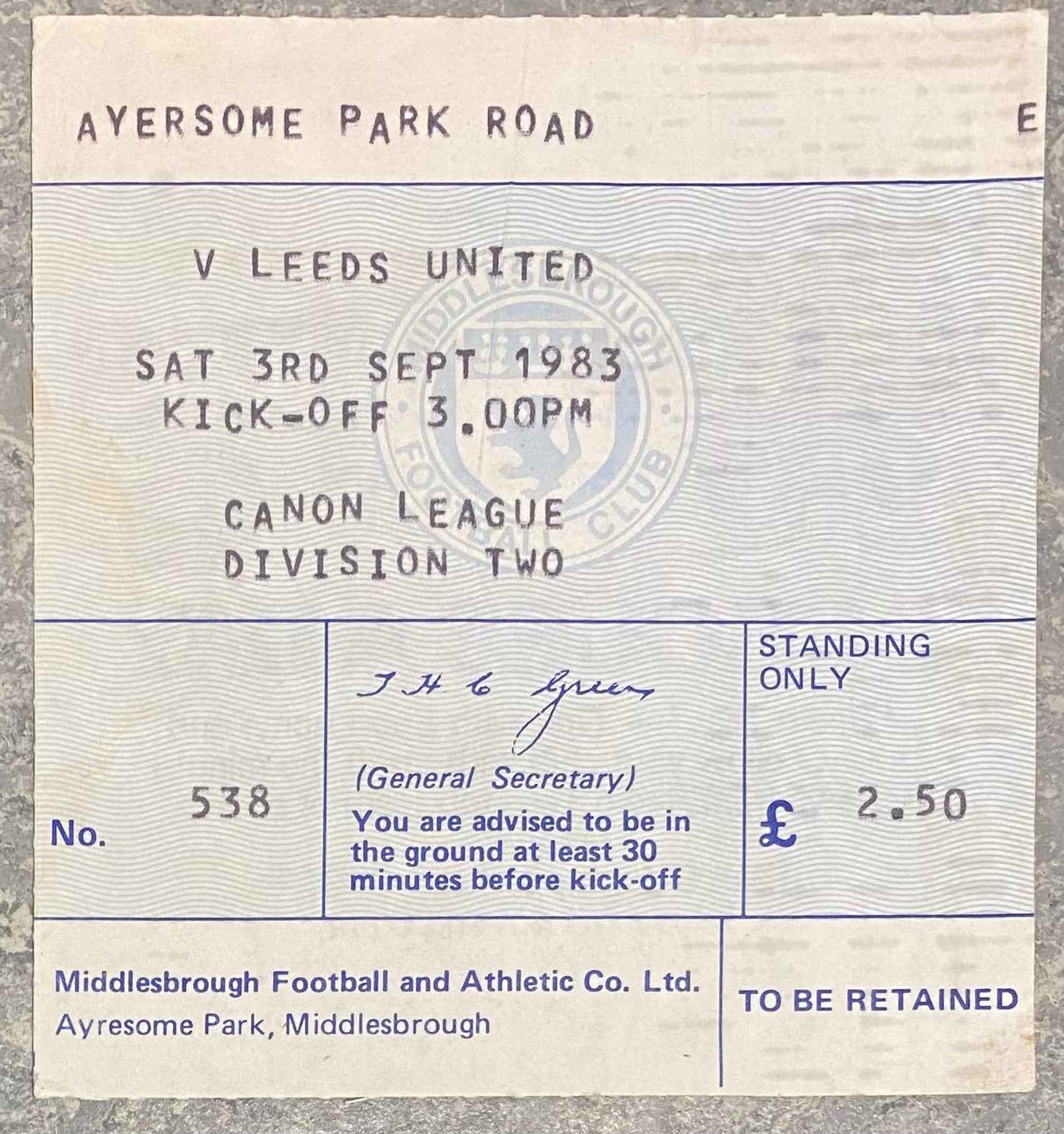1983/84 ORIGINAL DIVISION TWO TICKET MIDDLESBROUGH V LEEDS UNITED