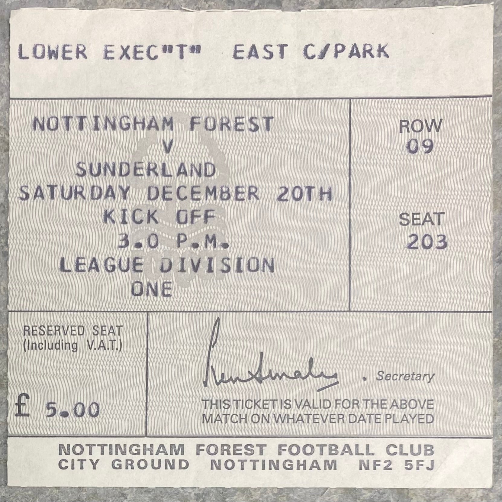1980/81 ORIGINAL DIVISION 1 TICKET NOTTINGHAM FOREST V SUNDERLAND