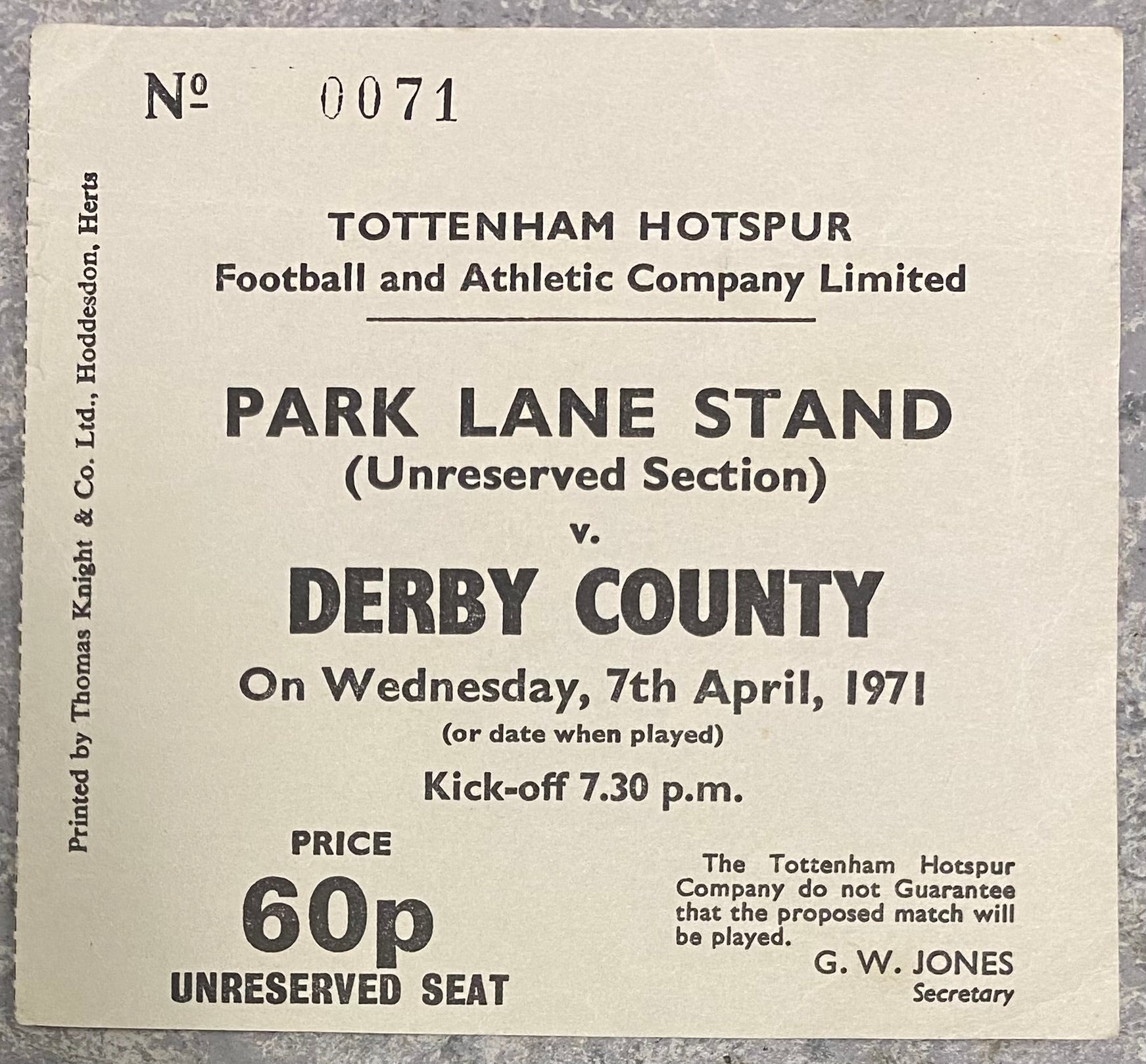 1970/71 ORIGINAL DIVISION 1 TICKET TOTTENHAM HOTSPUR V DERBY COUNTY